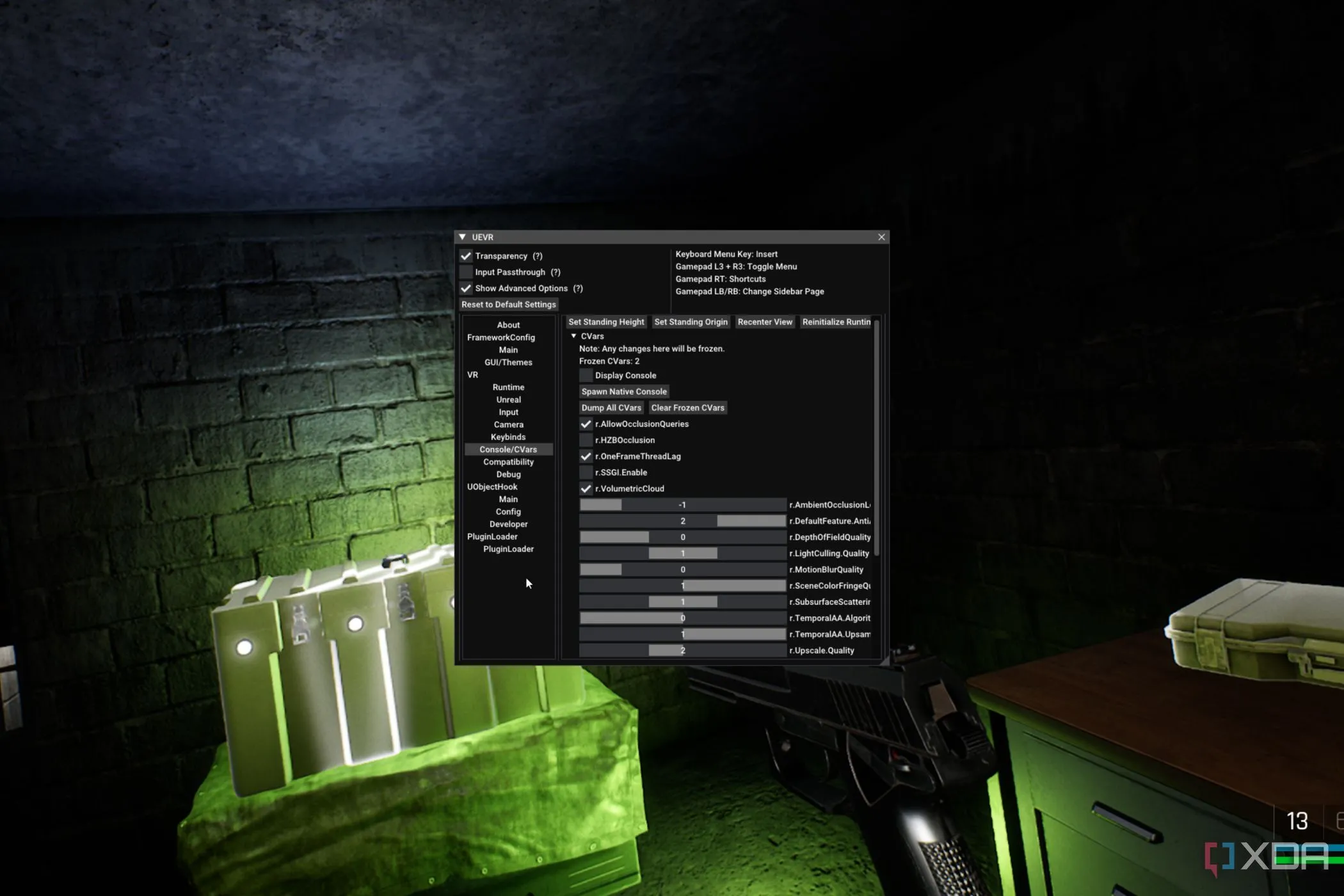 Menu UEVR Injector khi chơi Trepang2 với mod VR