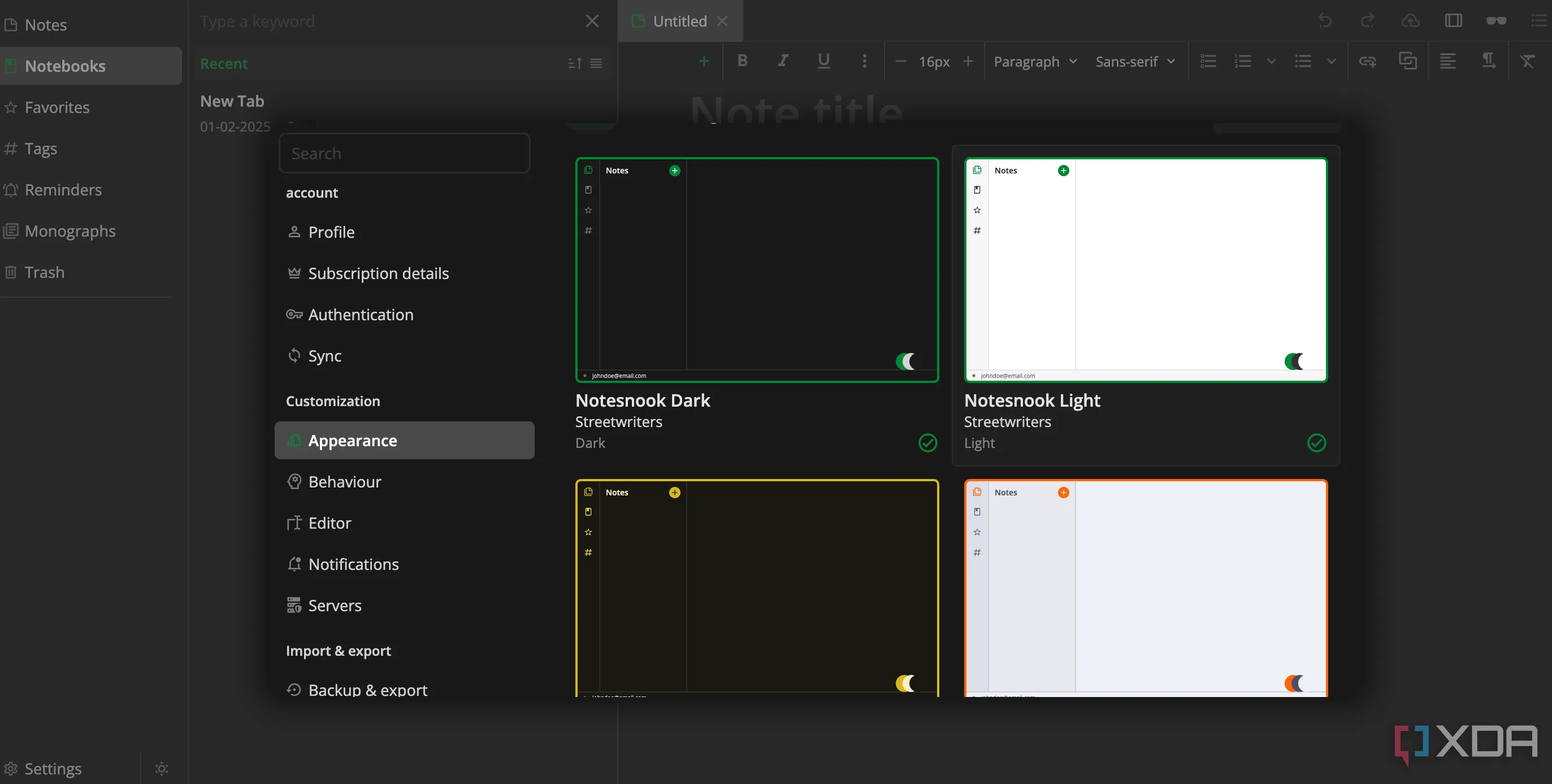Minh họa các chủ đề (themes) đa dạng trong ứng dụng Notesnook, hỗ trợ ghi chú bảo mật