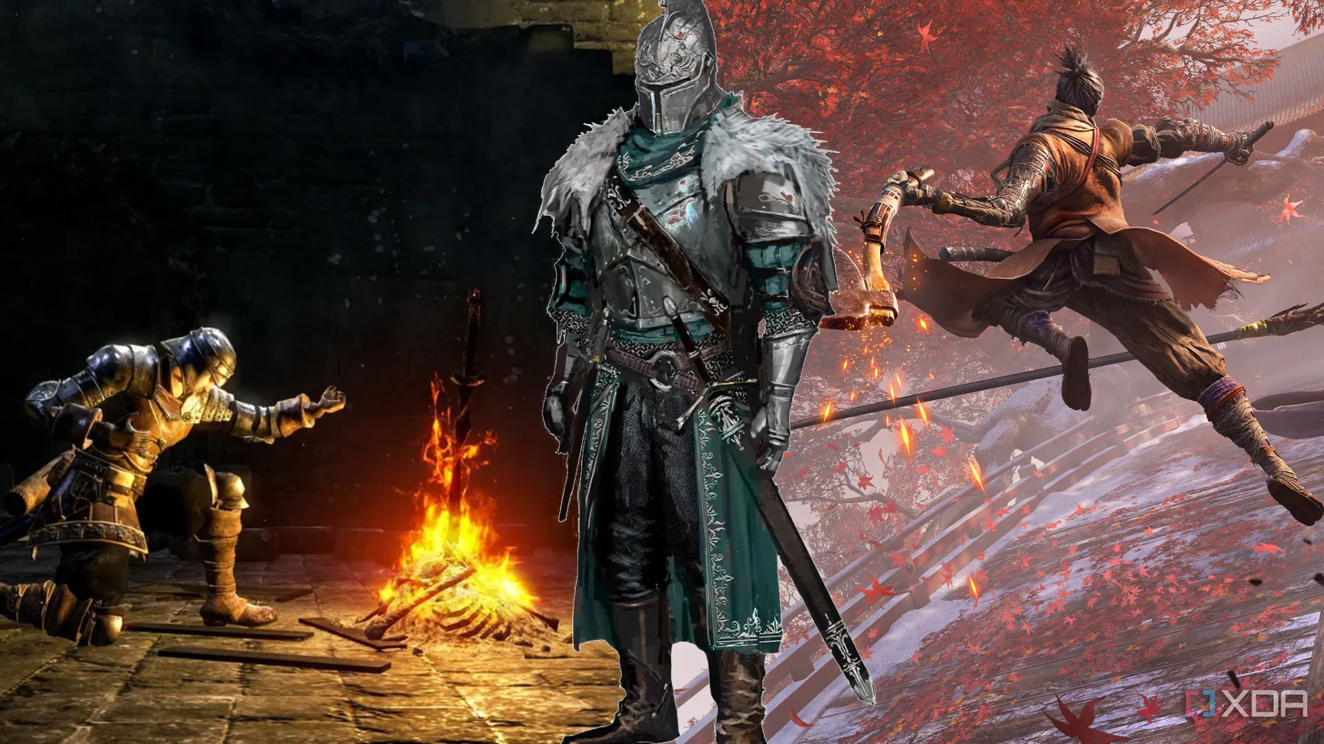 Minh họa các nhân vật và phong cách nghệ thuật từ các tựa game Souls-like nổi tiếng, biểu trưng cho những thử thách khó nhằn trong game.