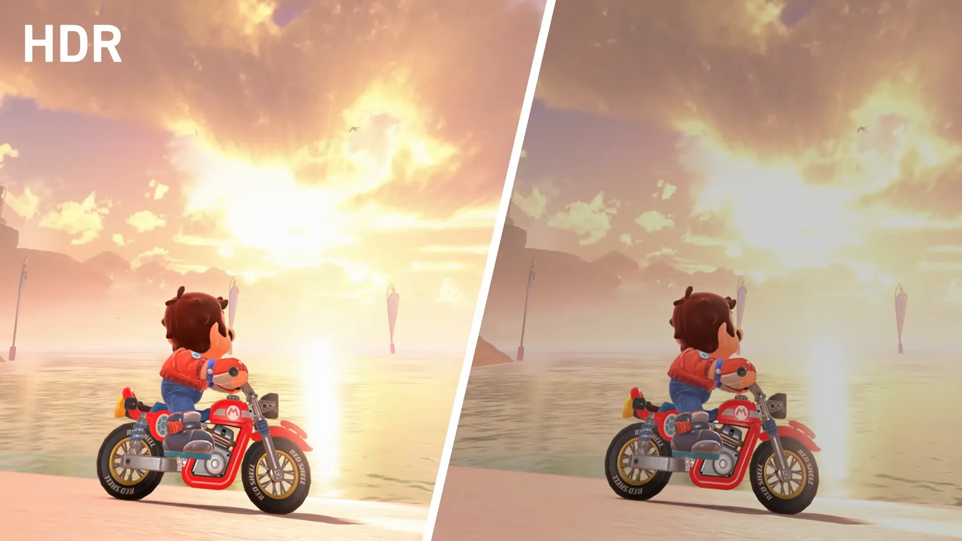 Minh họa cảnh game Mario Kart World với và không có chế độ HDR để so sánh sự khác biệt về màu sắc và độ tương phản