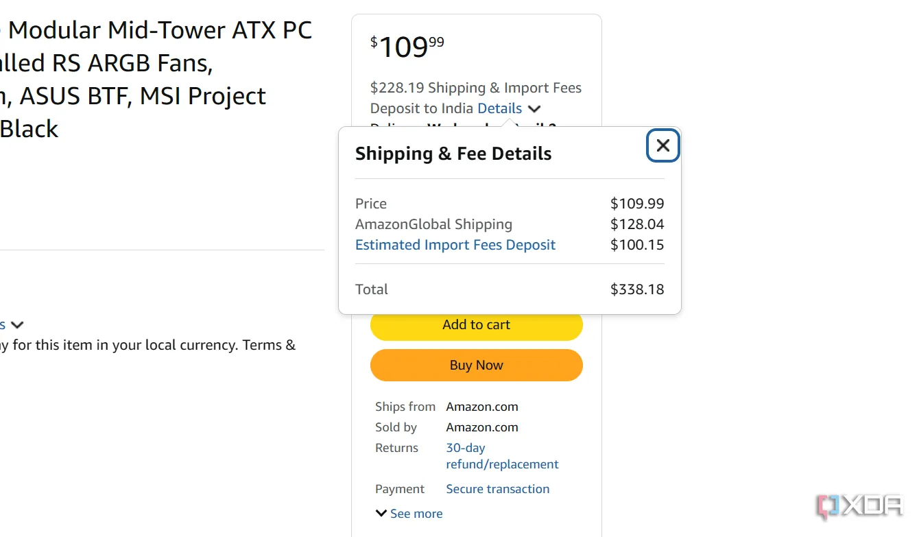 Minh họa chi phí vận chuyển cao của Amazon cho một vỏ case PC, bao gồm phí vận chuyển và thuế nhập khẩu.