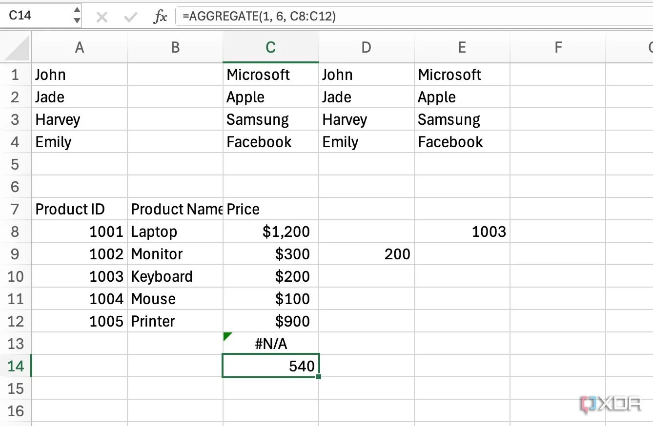 Minh họa hàm AGGREGATE trong Excel với các tùy chọn bỏ qua lỗi và hàng ẩn
