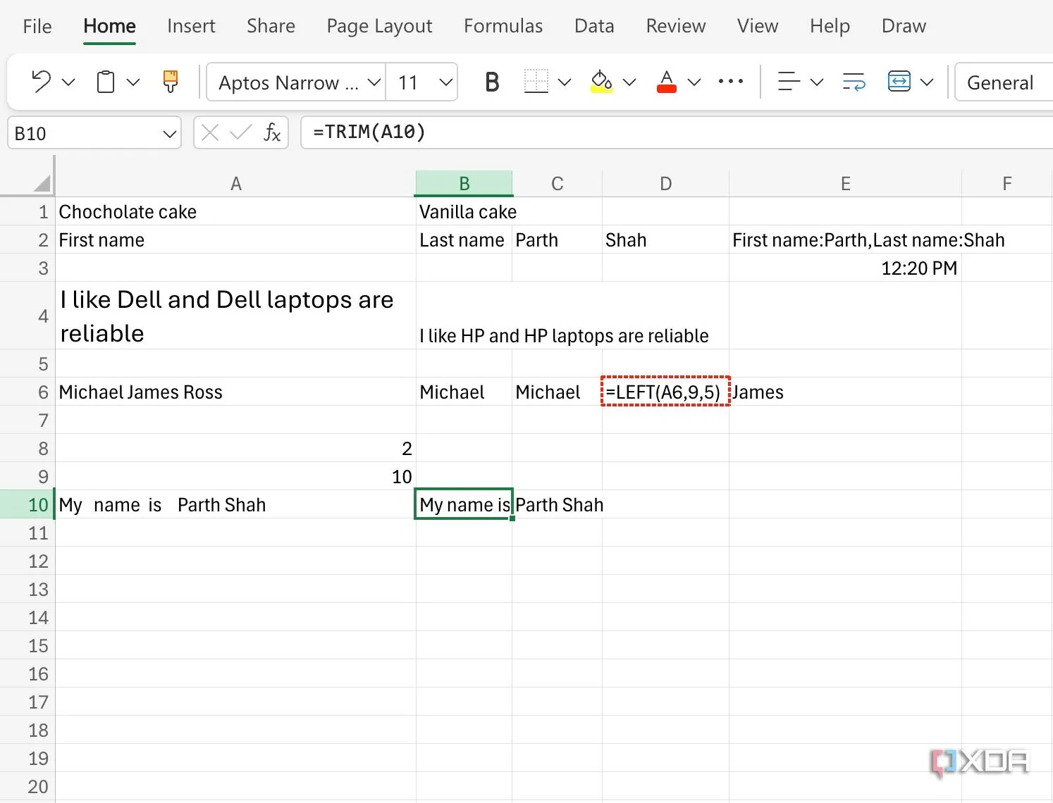 Minh họa hàm TRIM trong Excel, một trong nhiều hàm hữu ích để xử lý văn bản