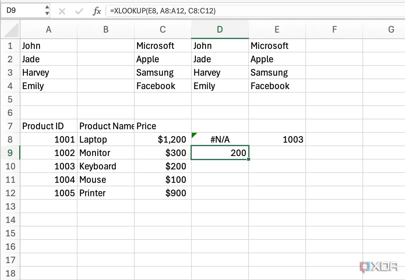 Minh họa hàm XLOOKUP trong giao diện Excel giúp tìm kiếm dữ liệu linh hoạt