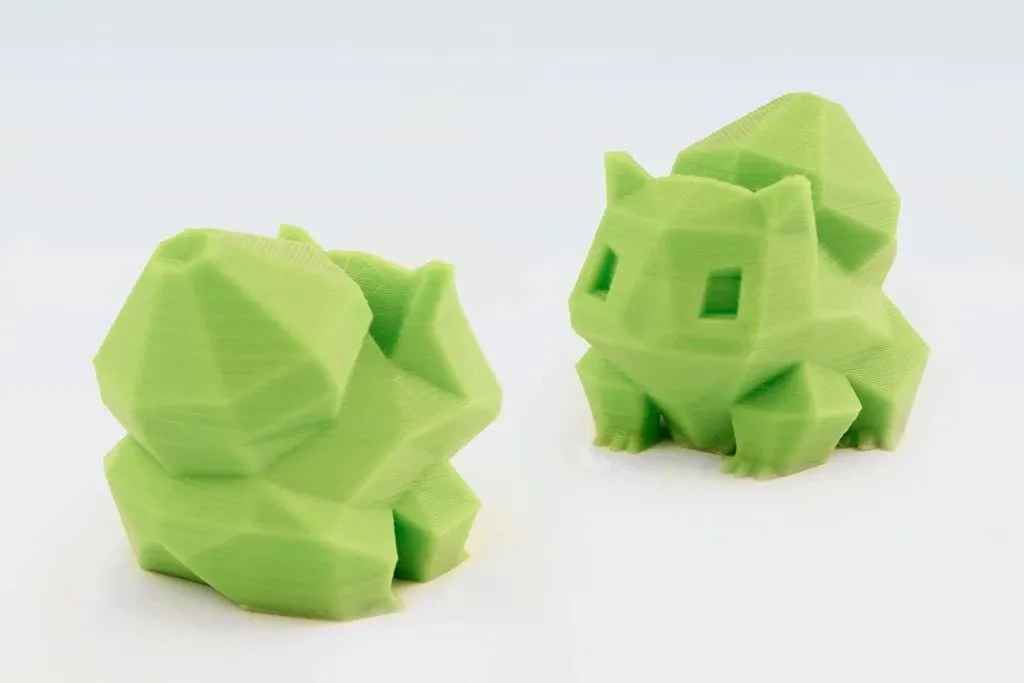 Mô hình Bulbasaur low-poly với nhiều góc cạnh sắc nét để kiểm tra độ chính xác máy in 3D