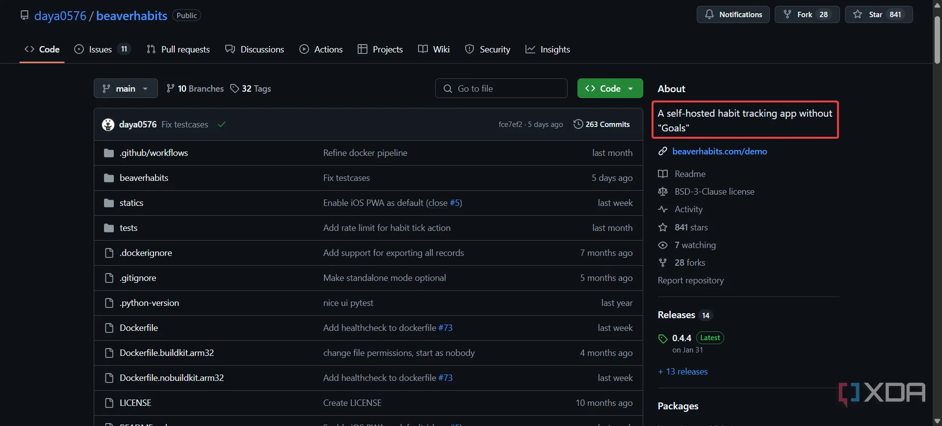 Mô tả Beaver Habit Tracker trên GitHub cho thấy thiếu tính năng đặt mục tiêu