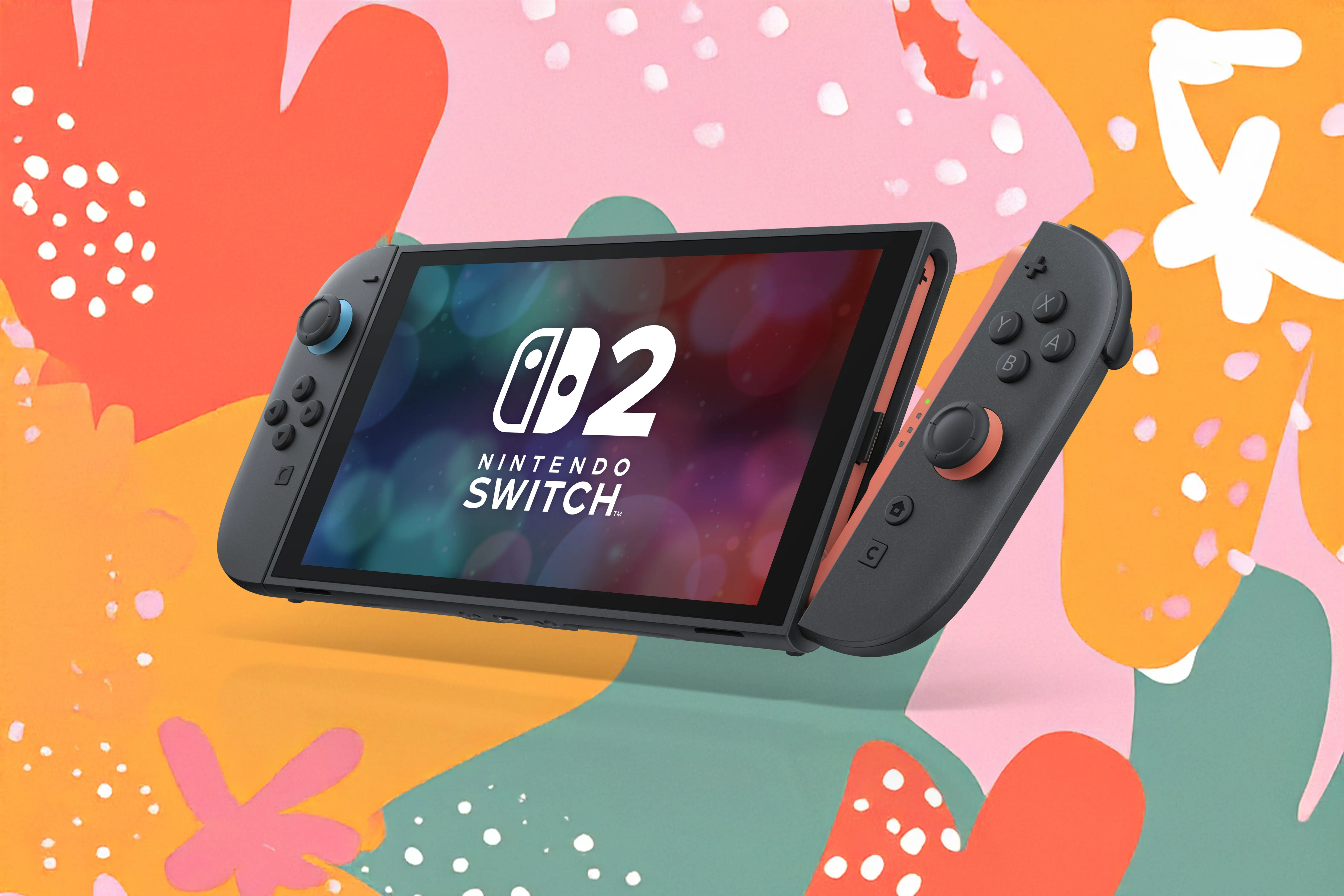 Mô tả máy chơi game Nintendo Switch 2 với tay cầm Joy-Con 2 đang được tháo rời