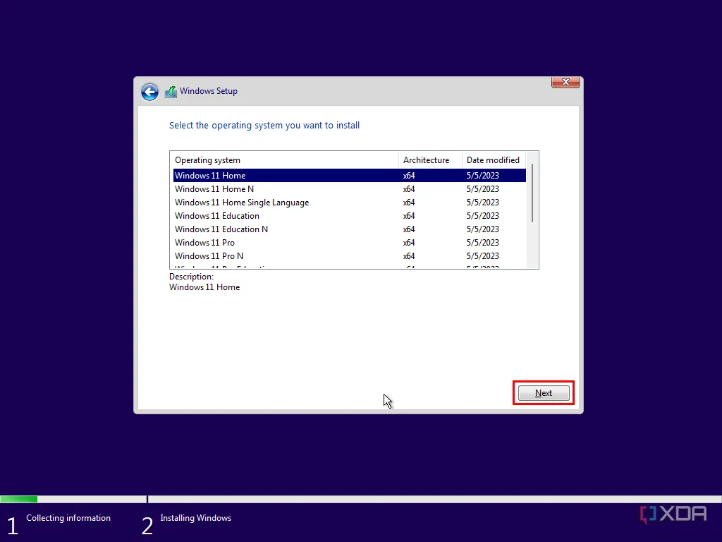 Môi trường cài đặt Windows hiển thị lựa chọn phiên bản Windows 11, tượng trưng cho việc cài đặt lại hệ điều hành sạch.
