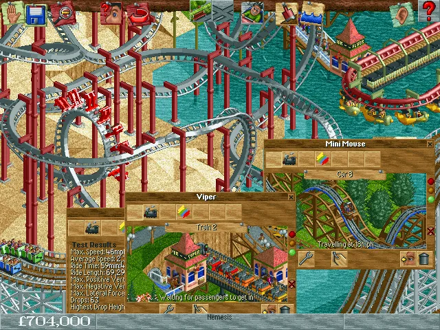 Một bản dựng RollerCoaster Tycoon khác với các chi tiết công viên và nhân vật pixel