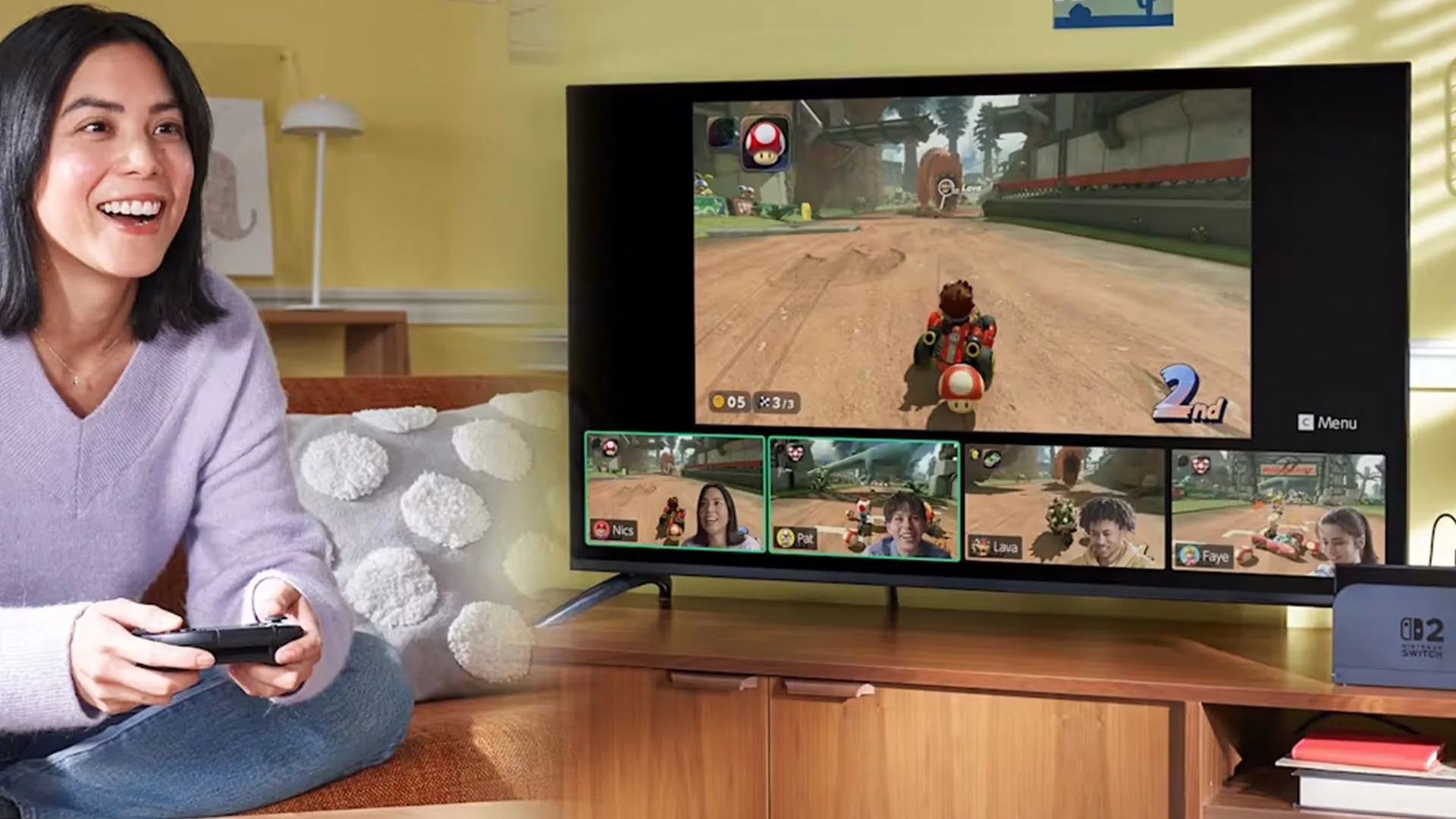 Một cảnh cận người dùng đang chơi Mario Kart World trên Nintendo Switch 2