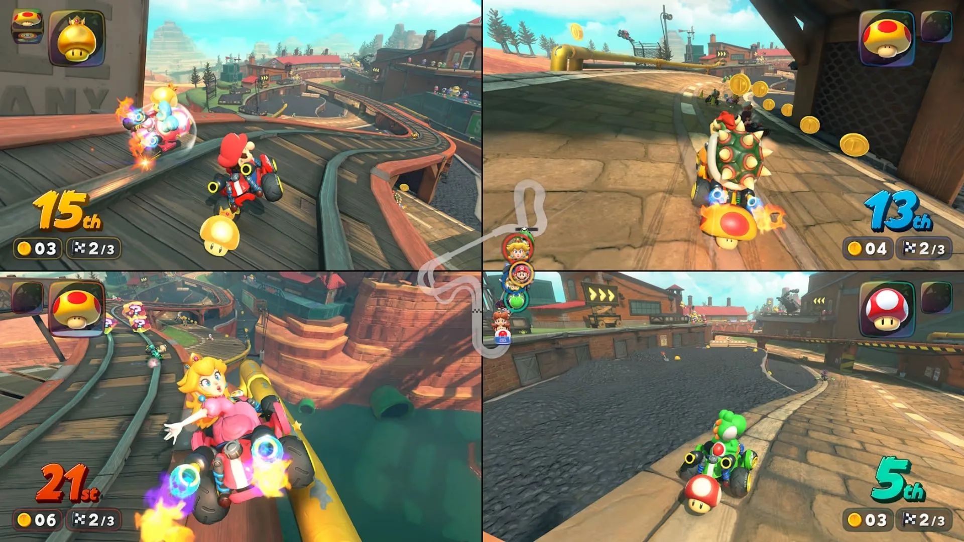 Một cảnh đua đông đúc trong Mario Kart World, với nhiều xe và vật phẩm đang được sử dụng, tạo nên sự hỗn loạn và kịch tính.