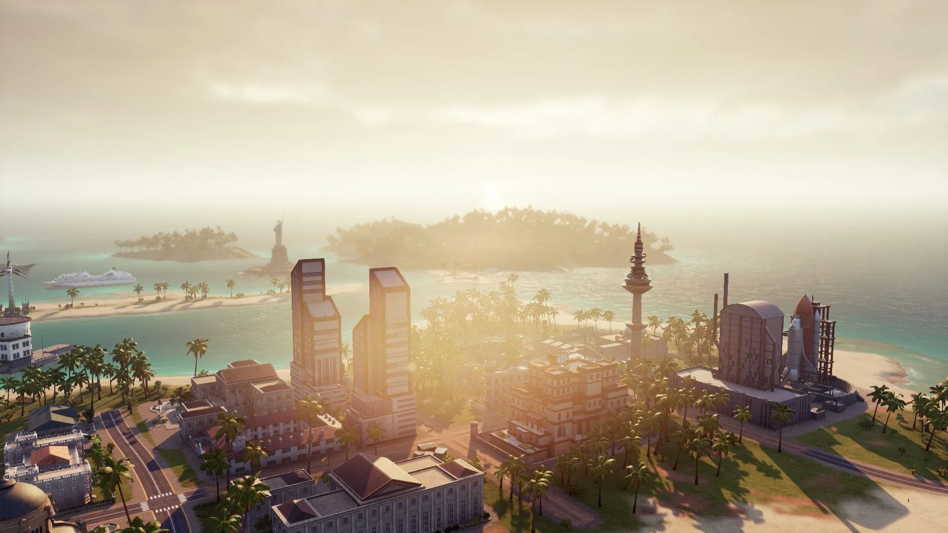 Một cảnh quan thành phố Tropico 6 nhìn từ trên cao với đường bờ biển và cây cối