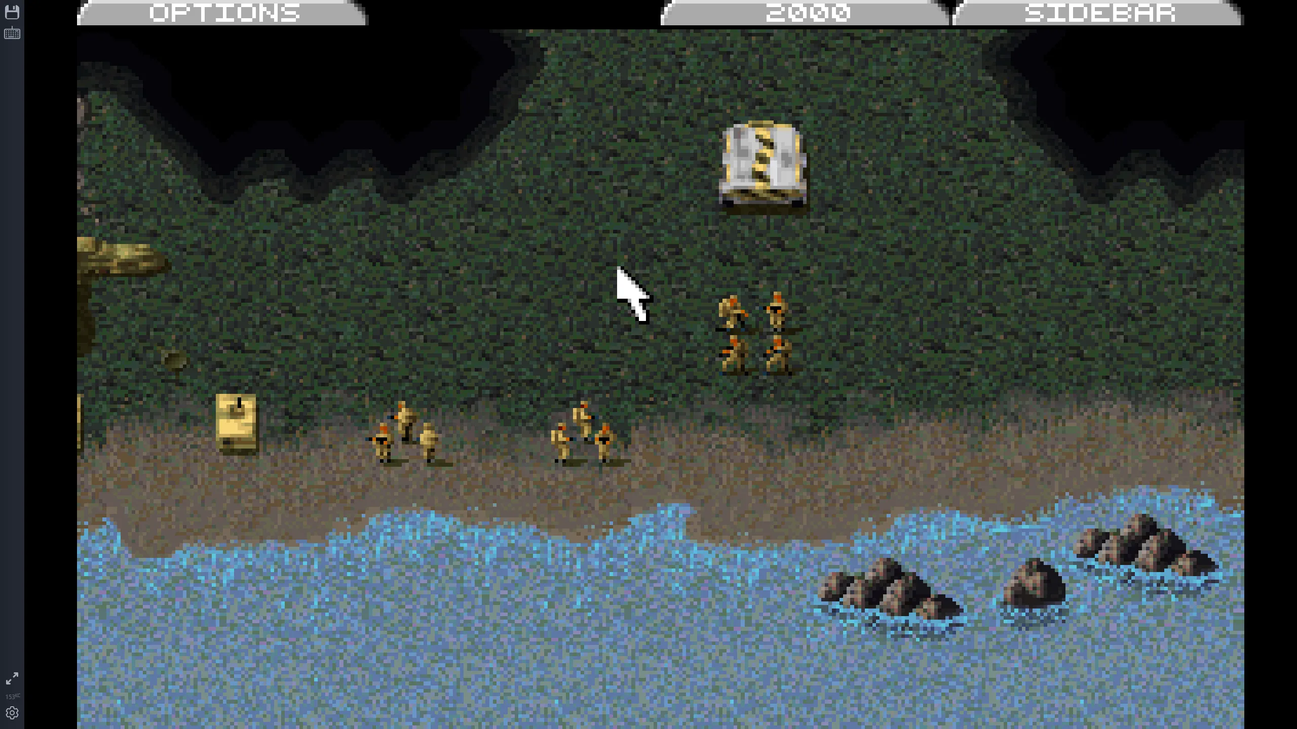 Một cảnh quay từ trò chơi DOS Command &amp; Conquer, hiển thị quân đội bên bờ sông