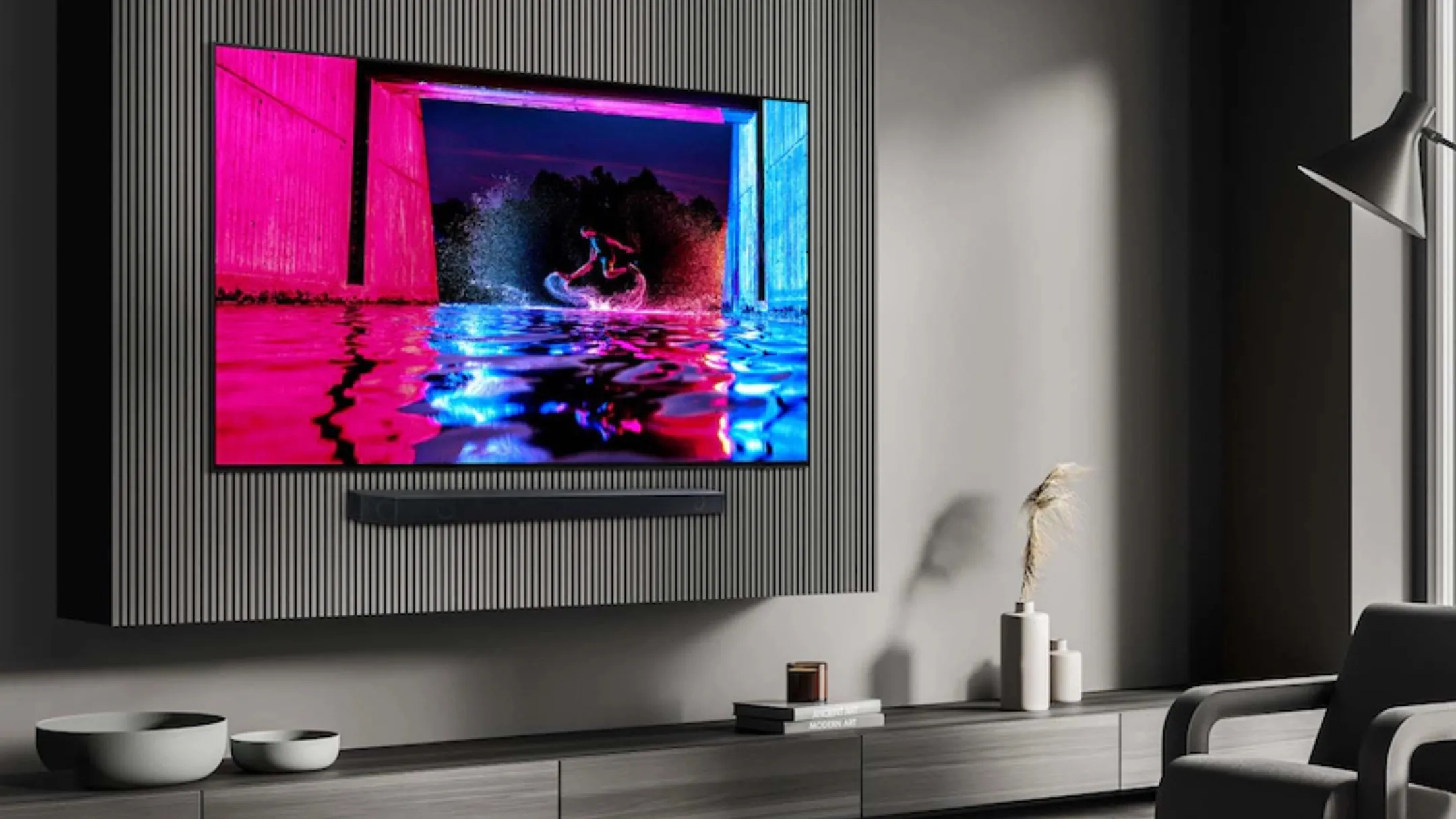 Một chiếc TV không viền hiện đại treo tường, gợi nhớ về thời kỳ TV 3D phổ biến