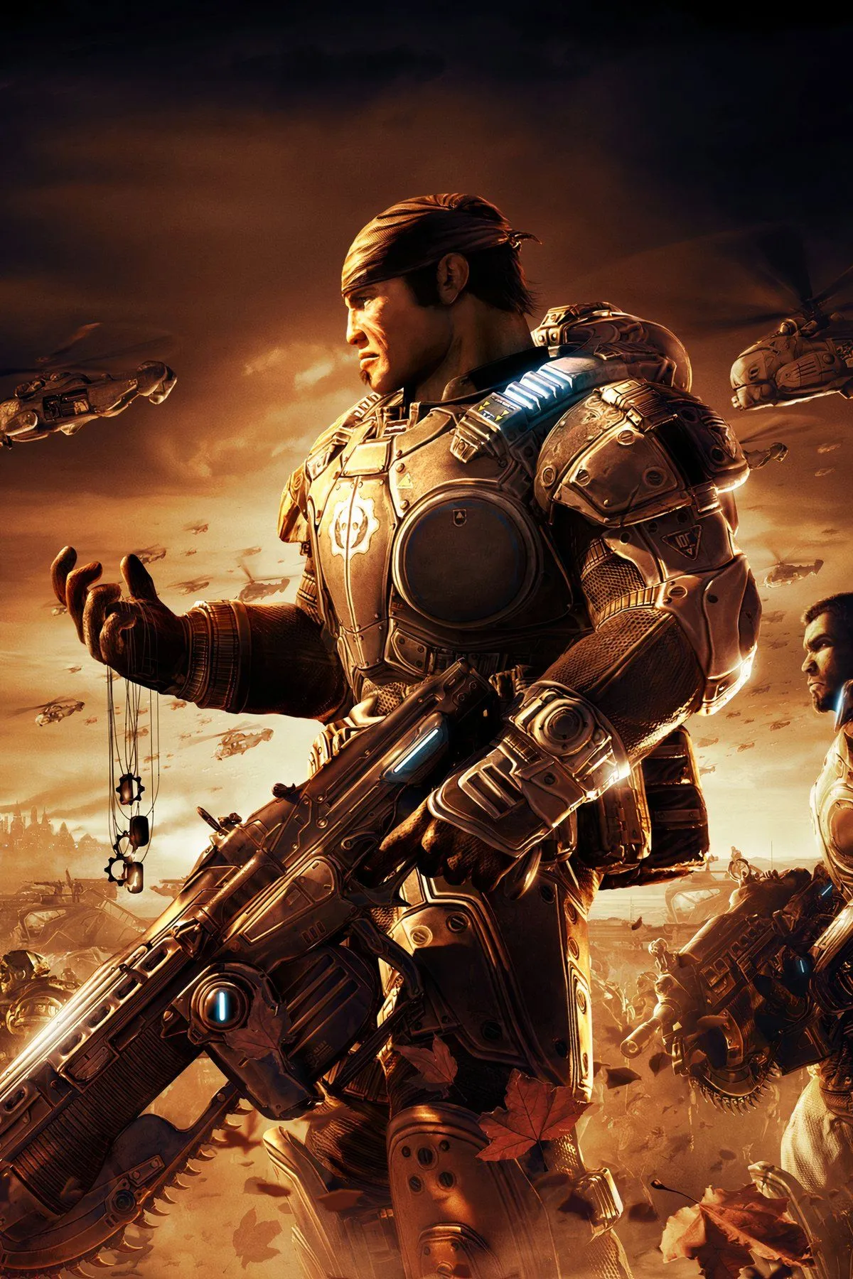 Một chiến binh cơ bắp với khẩu shotgun Gnasher đang ẩn nấp sau chướng ngại vật trong Gears of War 2, bối cảnh chiến trường đổ nát.