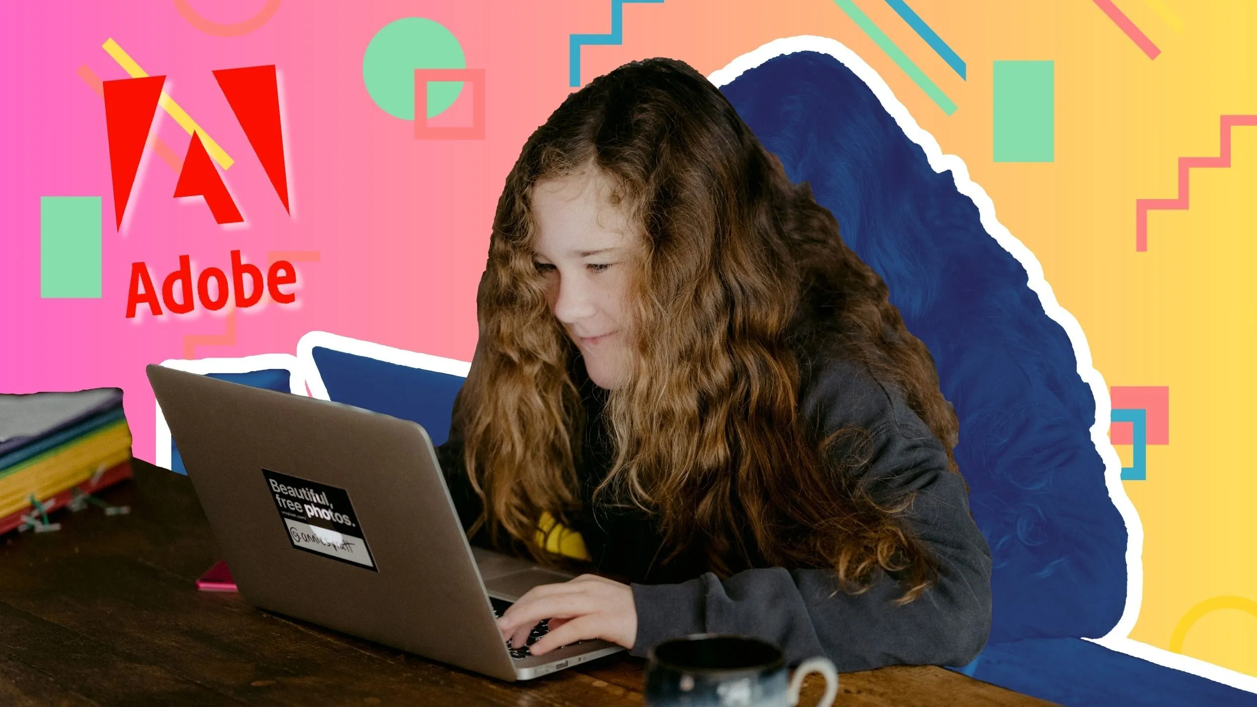 Một nữ sinh sử dụng laptop với logo Adobe, minh họa công cụ AI của Adobe cho trẻ em