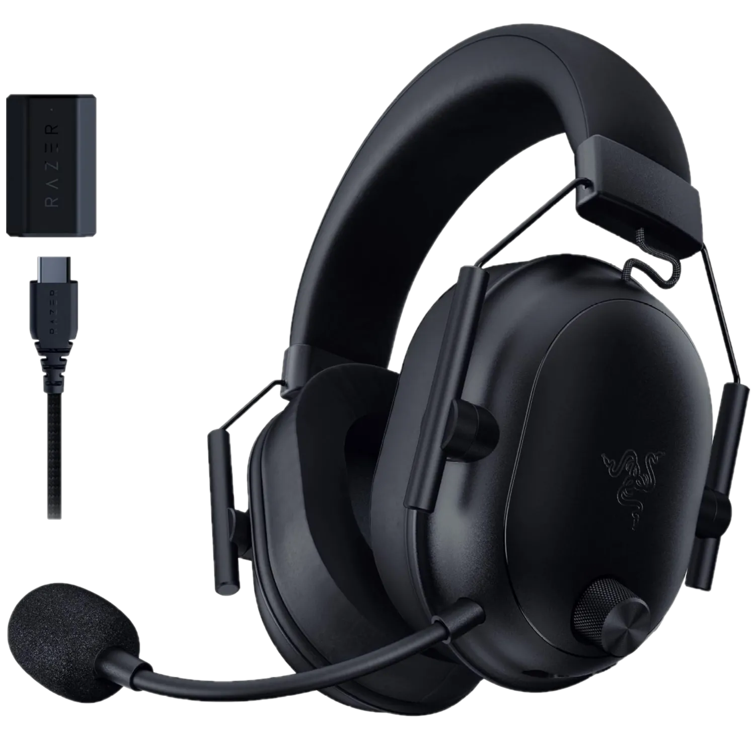 Một tai nghe gaming không dây màu đen với dongle