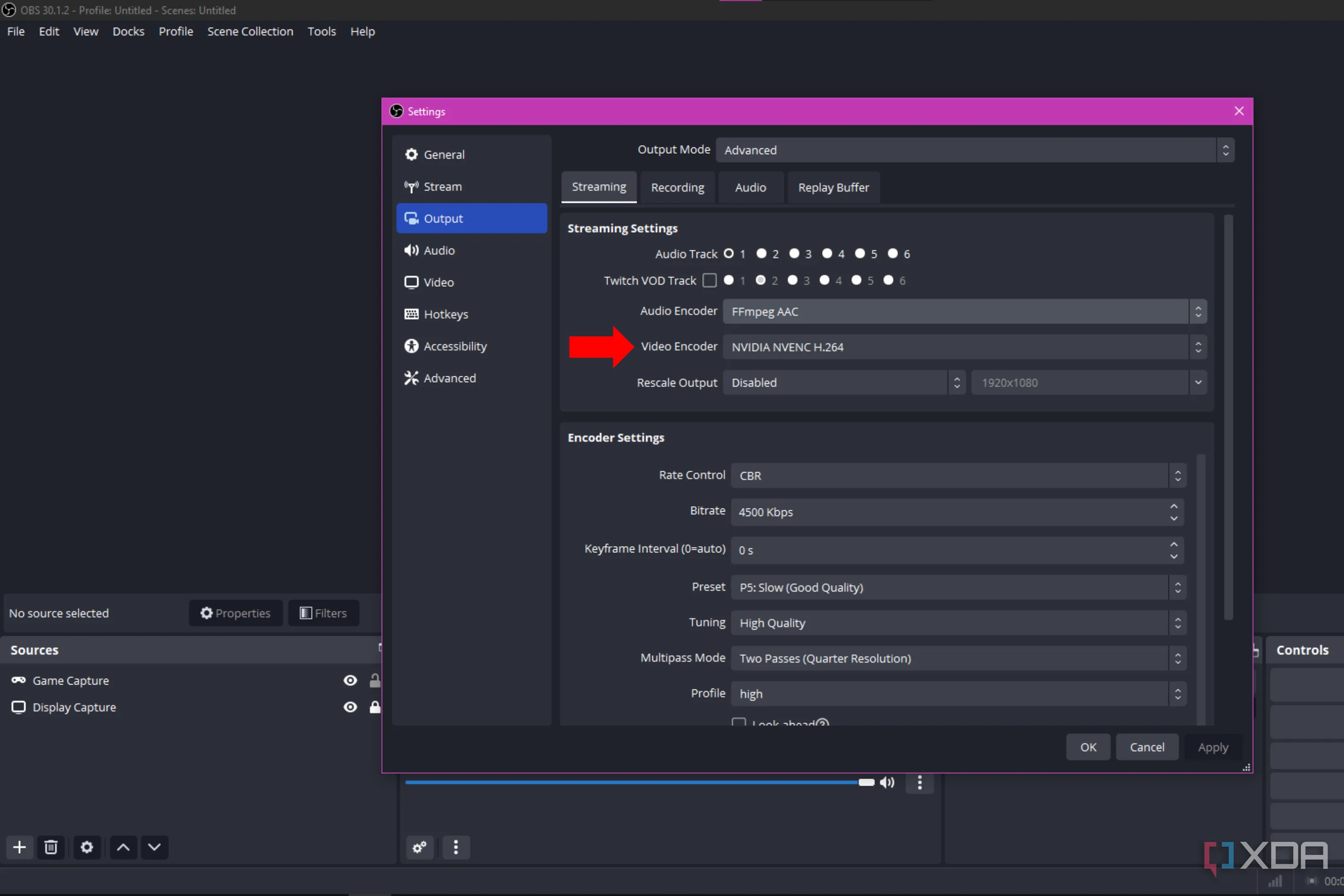 Mũi tên chỉ vào tùy chọn Video Encoder (Bộ mã hóa video) trong phần mềm OBS Studio