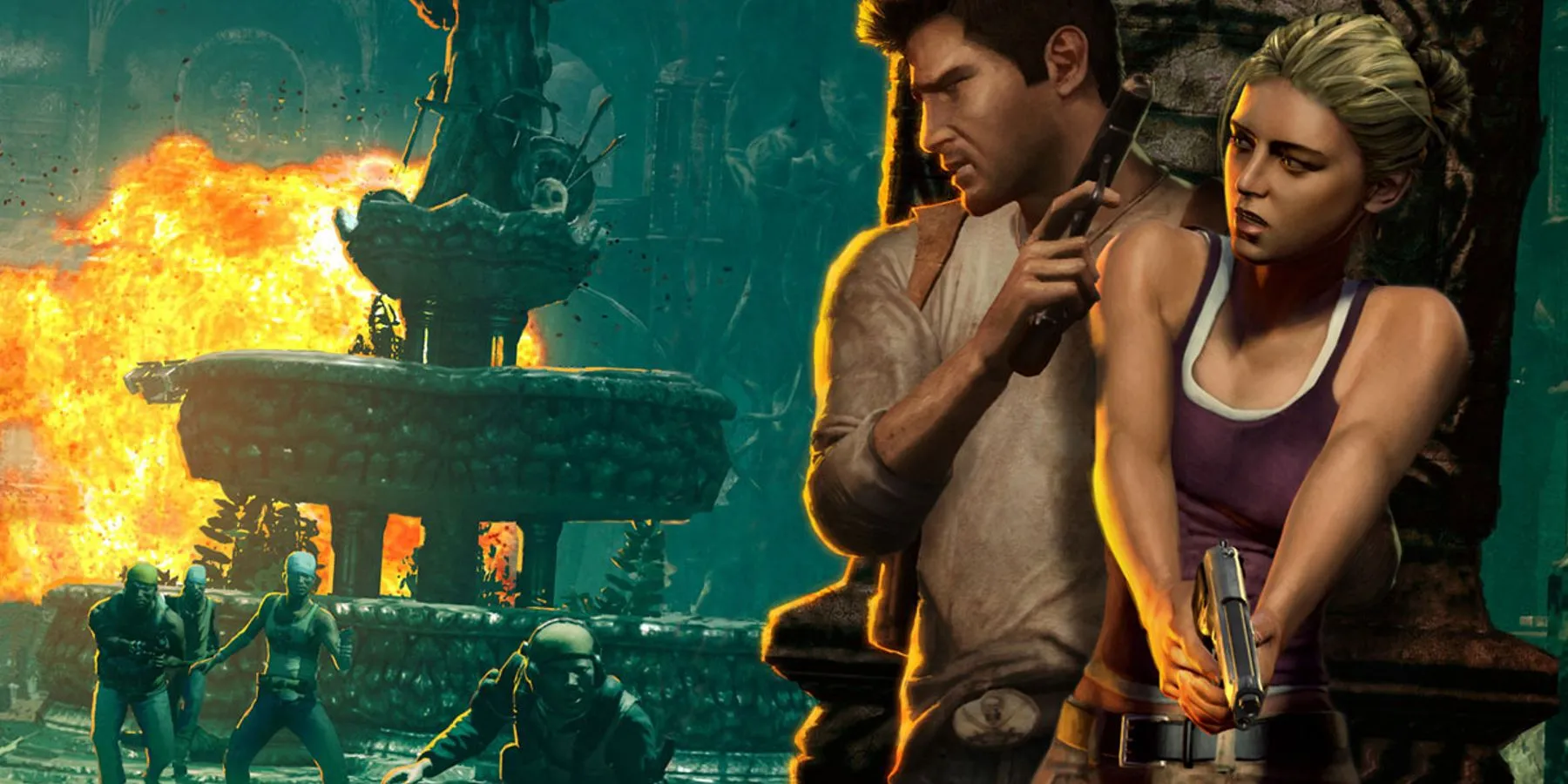 Nathan Drake của Uncharted: Drake's Fortune đang đối mặt với nguy hiểm trong bối cảnh rừng rậm, thể hiện đồ họa và hành động của game.