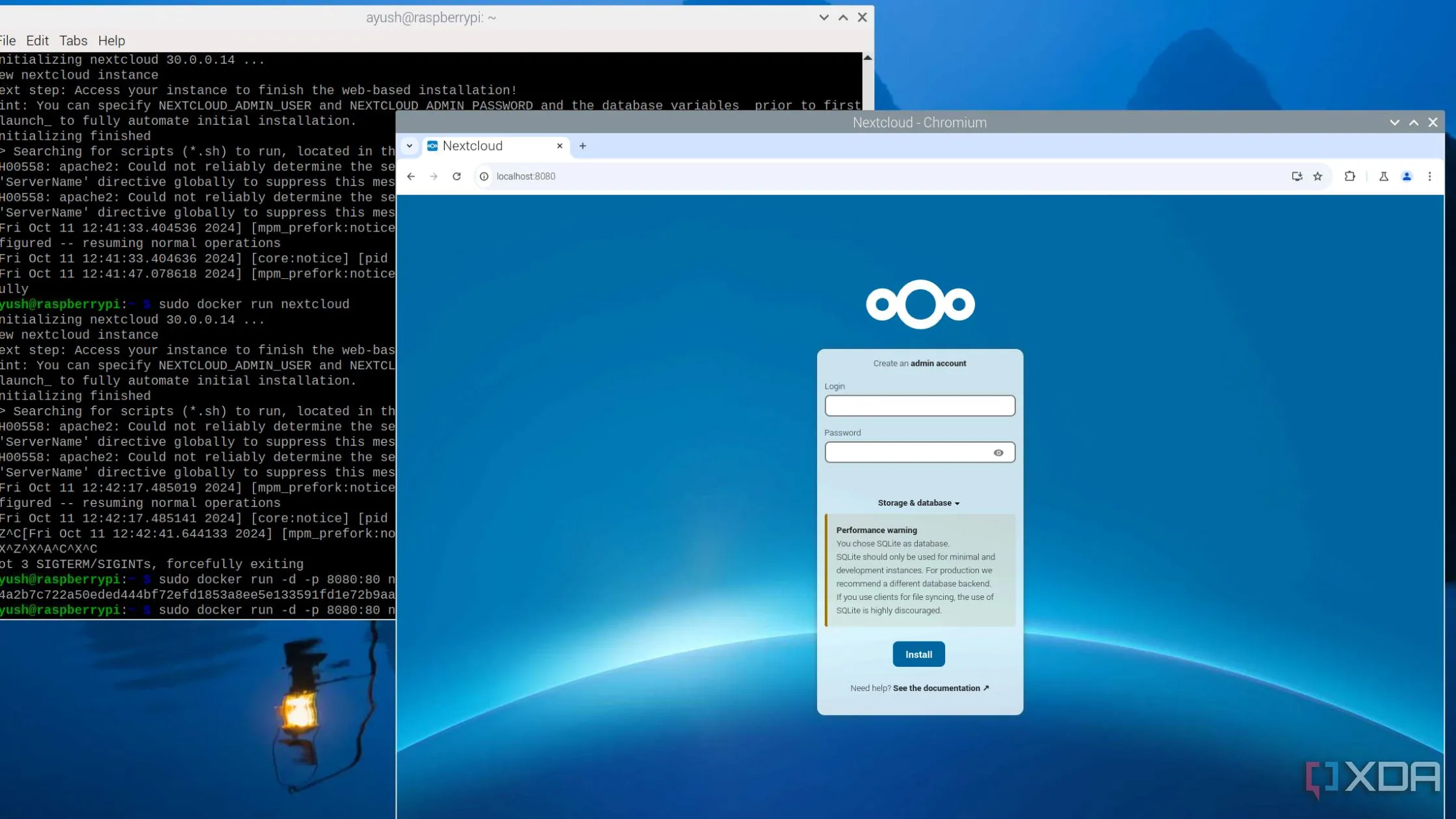 Nextcloud đang chạy trong container Docker trên một chiếc Raspberry Pi, minh họa khả năng triển khai linh hoạt và dễ dàng của Docker trên nhiều nền tảng.