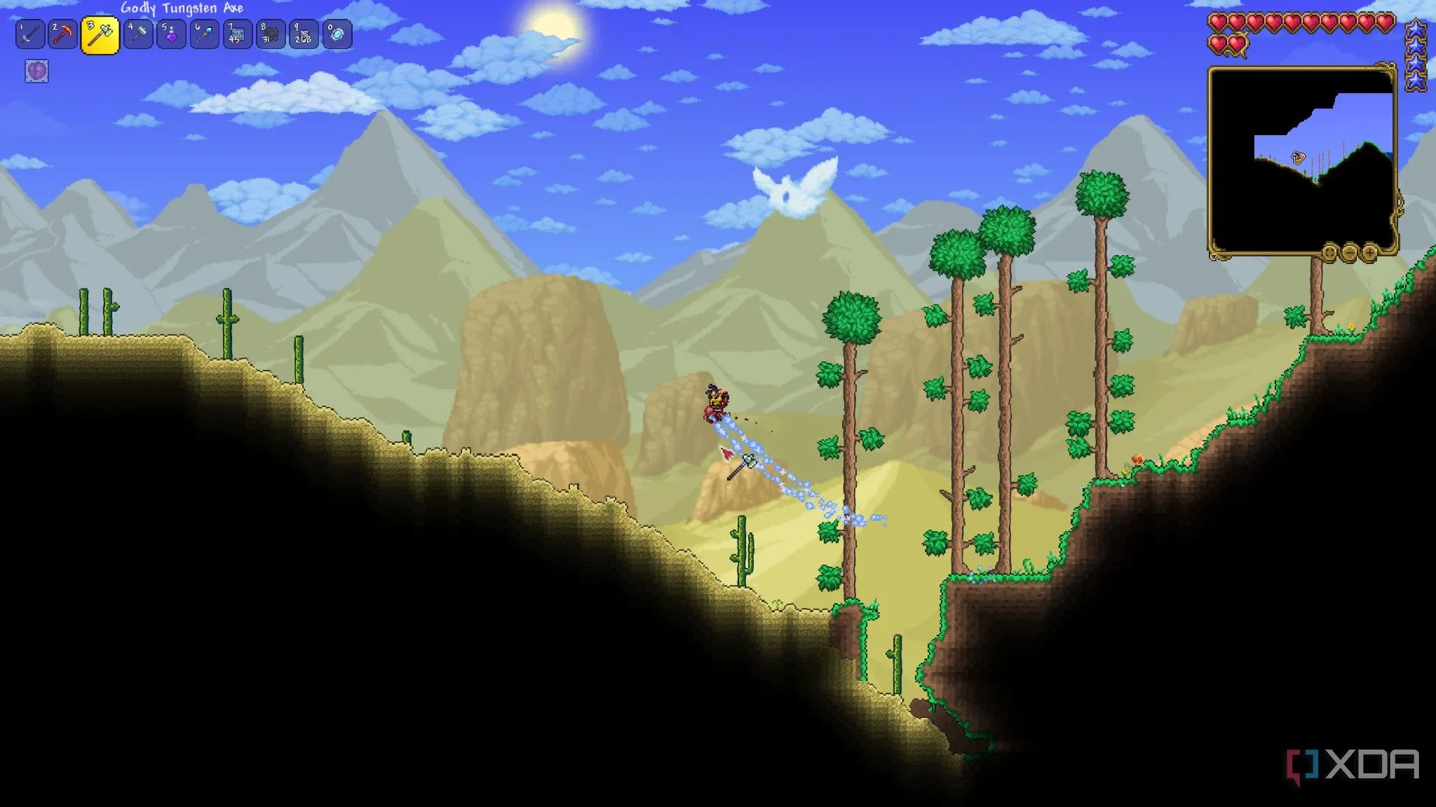 Người chơi khám phá quần xã sa mạc trong game Terraria, nổi bật với đồ họa pixel art vượt thời gian.