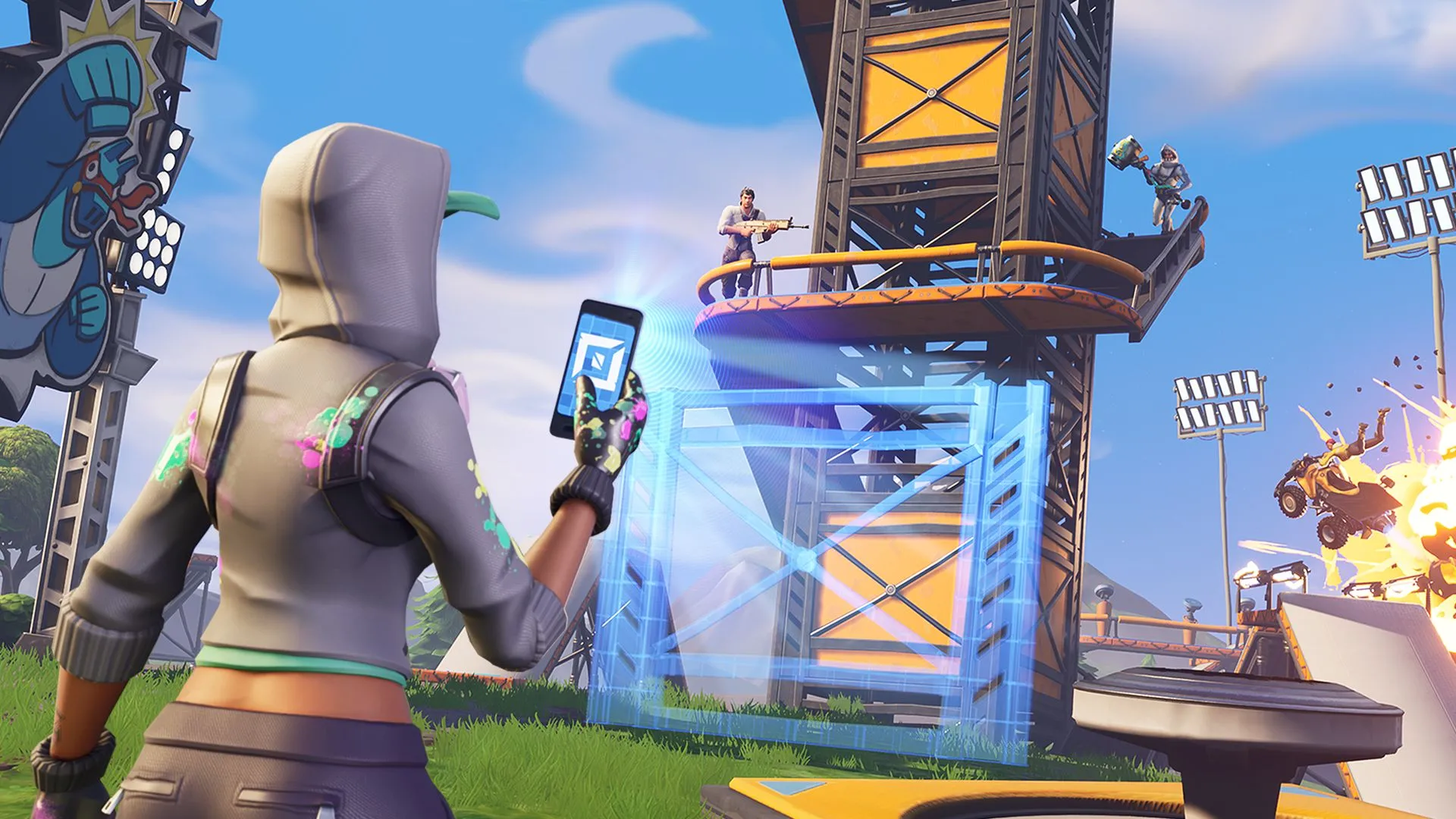 Người chơi nữ trong Fortnite đang sử dụng điện thoại chế độ sáng tạo, xây dựng công trình gần tháp canh, minh họa tính năng tạo nội dung game