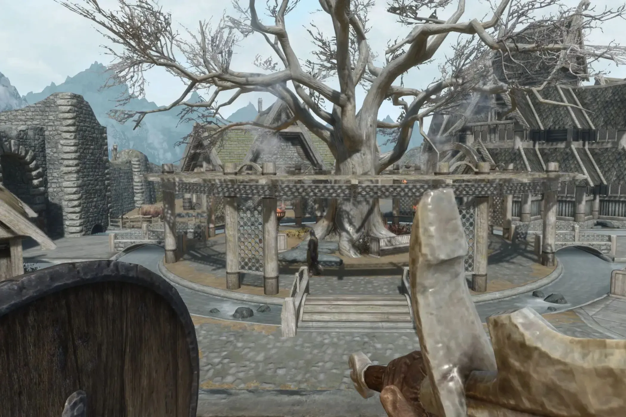 Người chơi Skyrim trong trang phục áo giáp, tay cầm kiếm và khiên, thể hiện trải nghiệm chiến đấu được cải thiện từ mod Combat Gameplay Overhaul SE