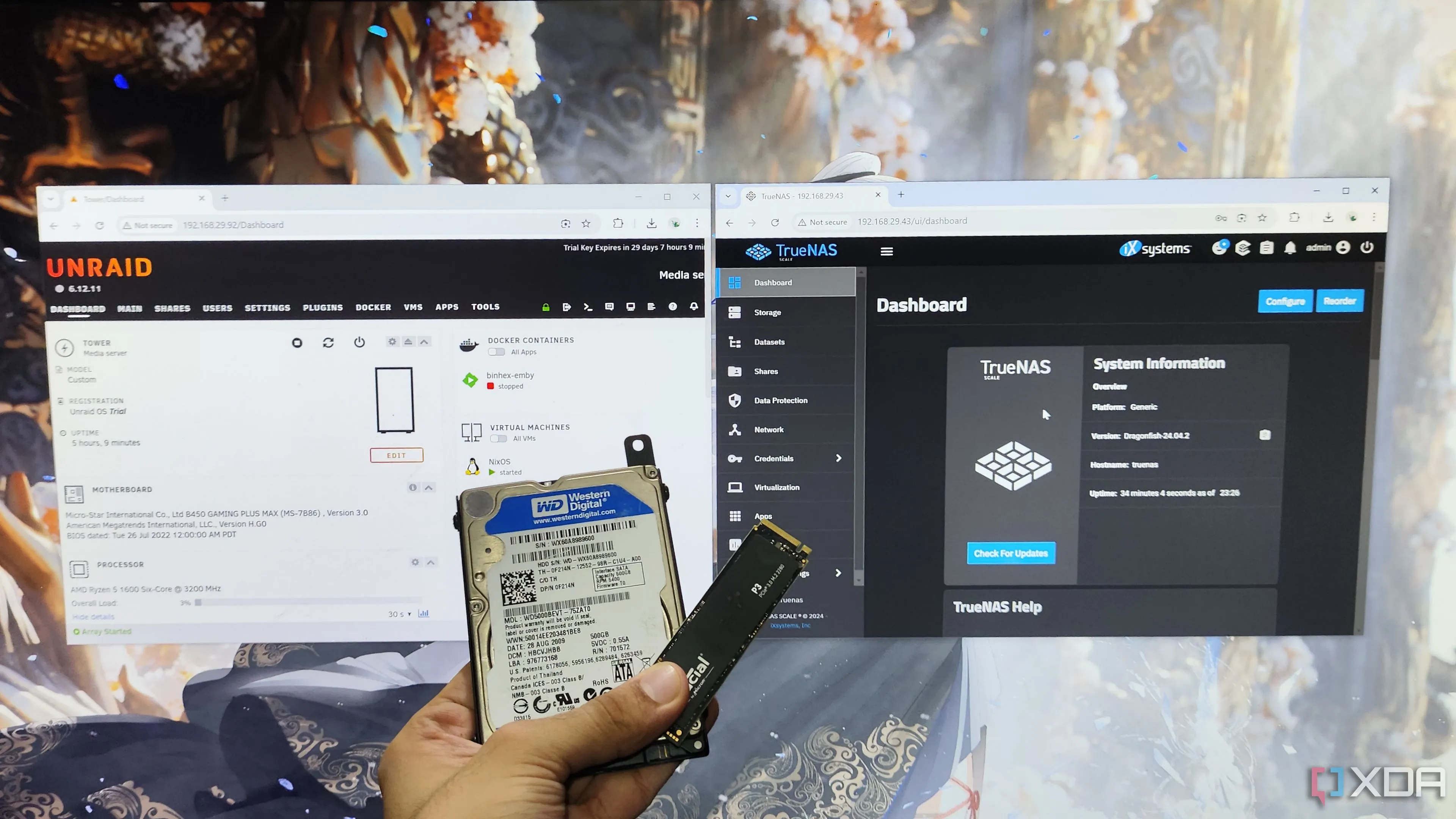 Người dùng đang cầm một ổ cứng HDD và một SSD trước màn hình hiển thị giao diện TrueNAS Scale và Unraid, liên quan đến việc cấu hình lưu trữ và RAID
