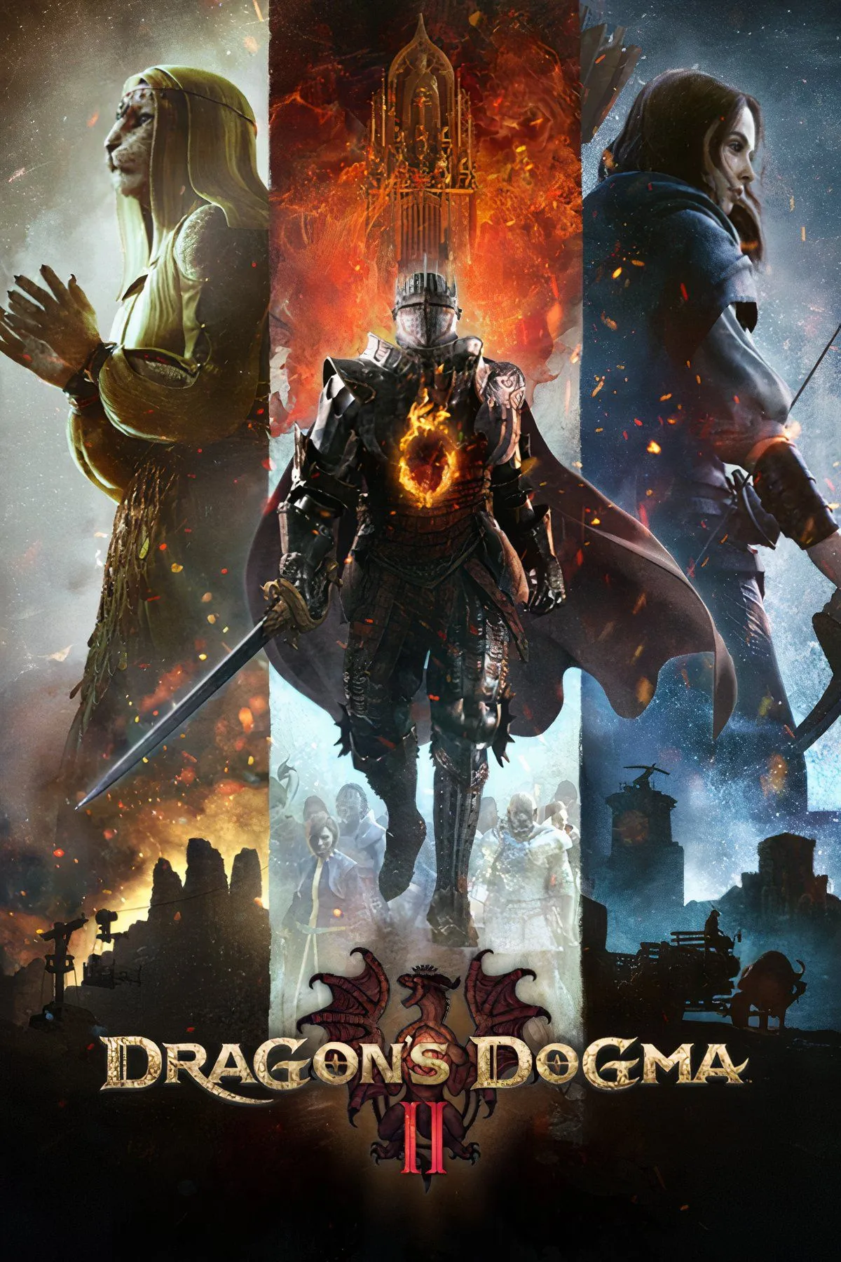 Nhân vật Arisen và nhóm Pawns trong Dragon's Dogma 2 đối đầu với một con quái vật khổng lồ trong một cảnh chiến đấu đầy hành động và kịch tính.