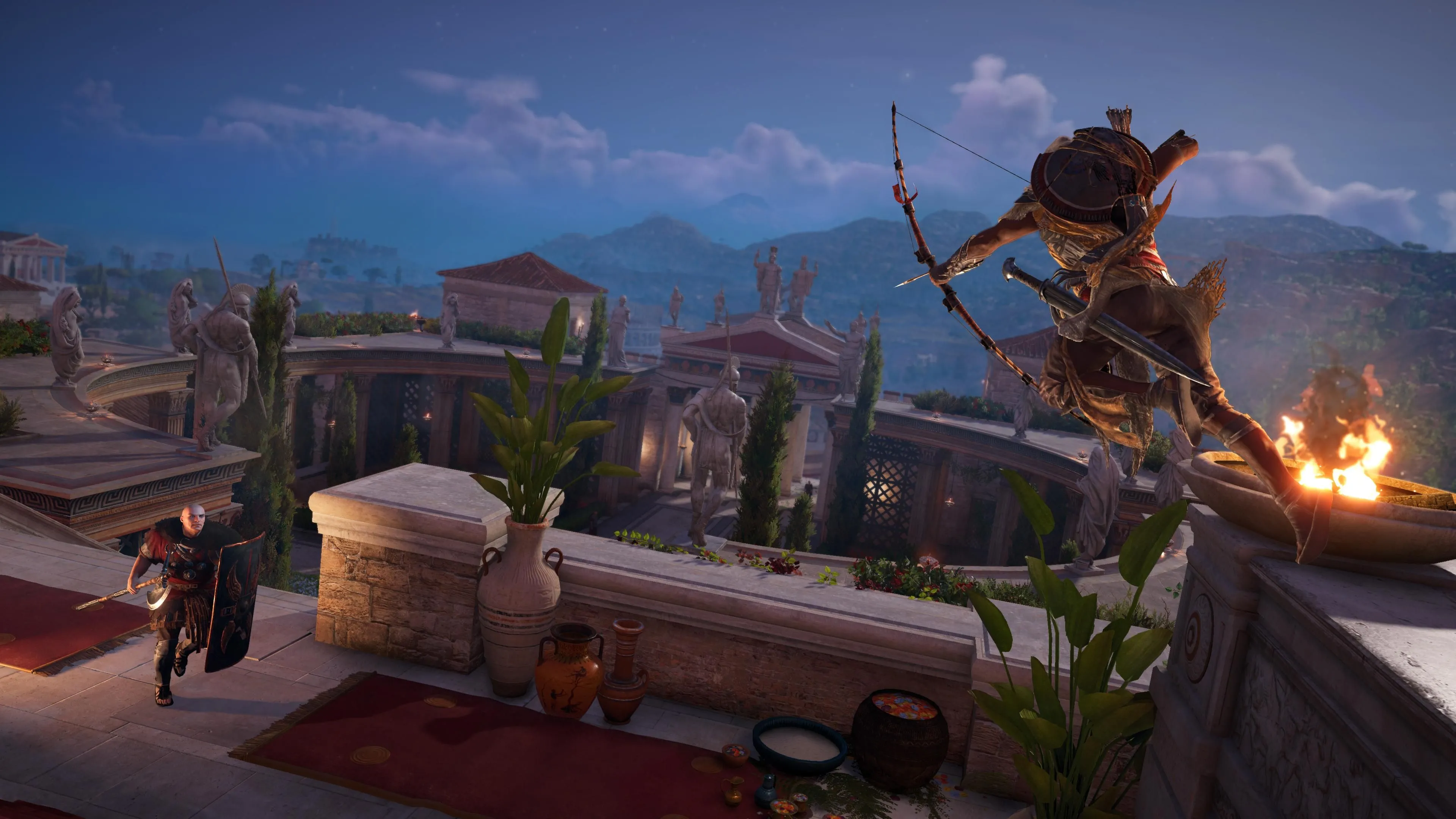 Nhân vật Bayek của Assassin's Creed Origins đang nhắm cung từ trên cao vào kẻ thù