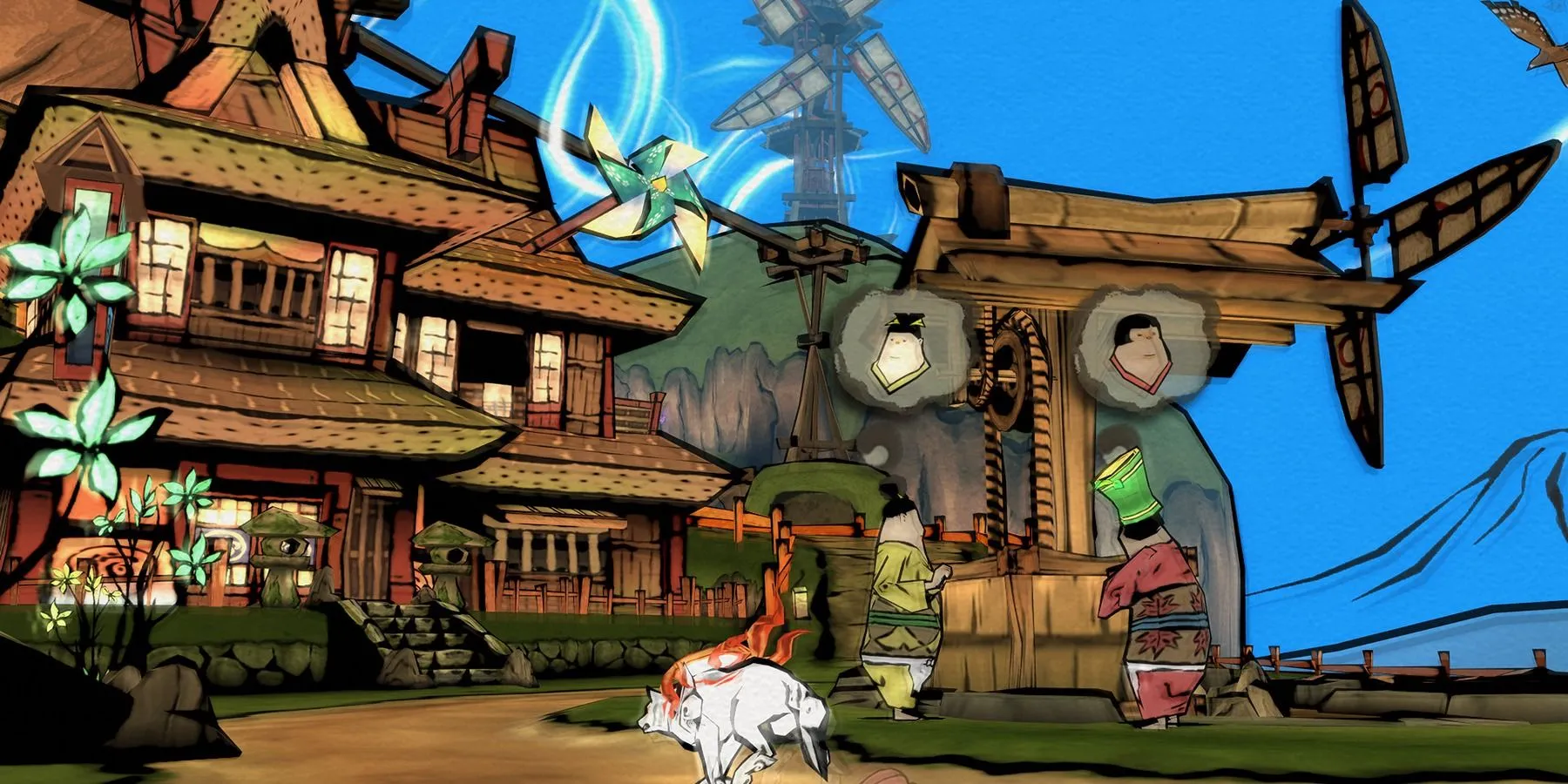 Nhân vật chính Amaterasu khám phá thế giới rộng lớn, đầy màu sắc trong game Okami