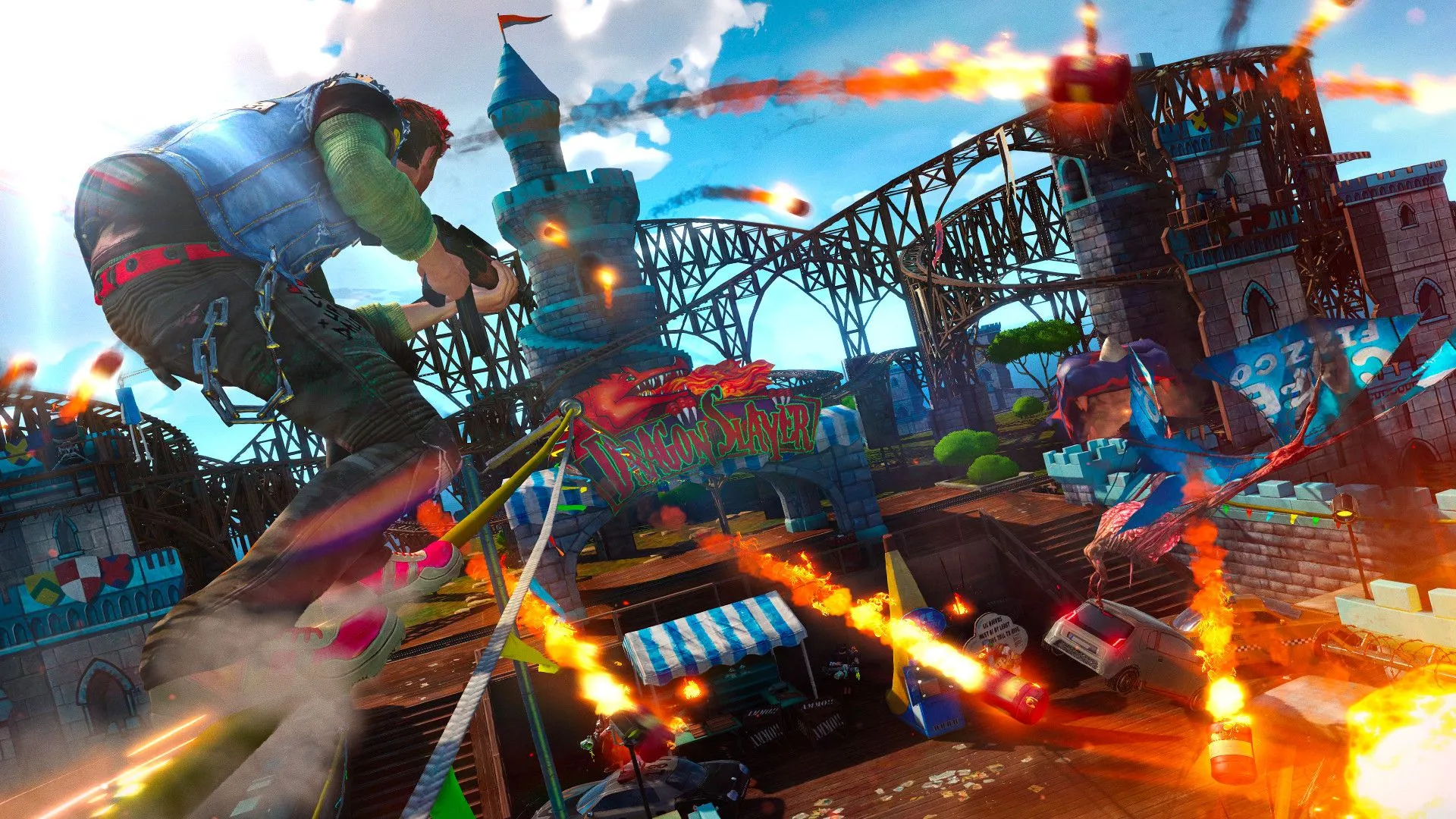 Nhân vật chính thực hiện pha trượt ván trên đường ray trong Sunset Overdrive, thể hiện lối chơi di chuyển linh hoạt và hành động tốc độ cao