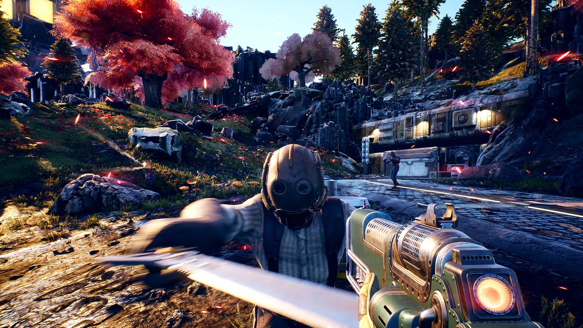 Nhân vật chính trong The Outer Worlds tương tác với NPC, minh họa cho sự tự do tấn công trong game nhập vai