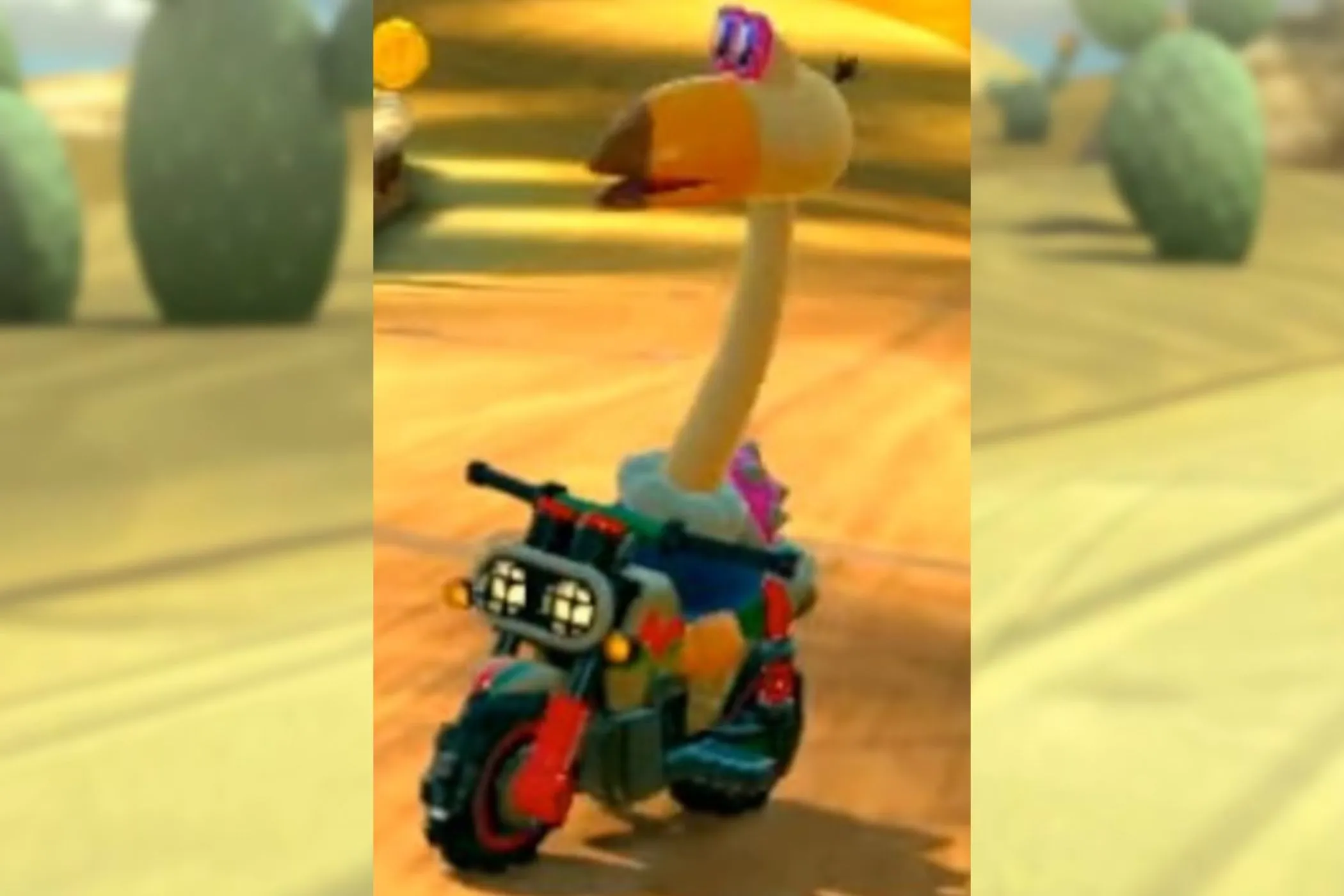 Nhân vật Conkdor lái xe kart qua sa mạc trong Mario Kart World