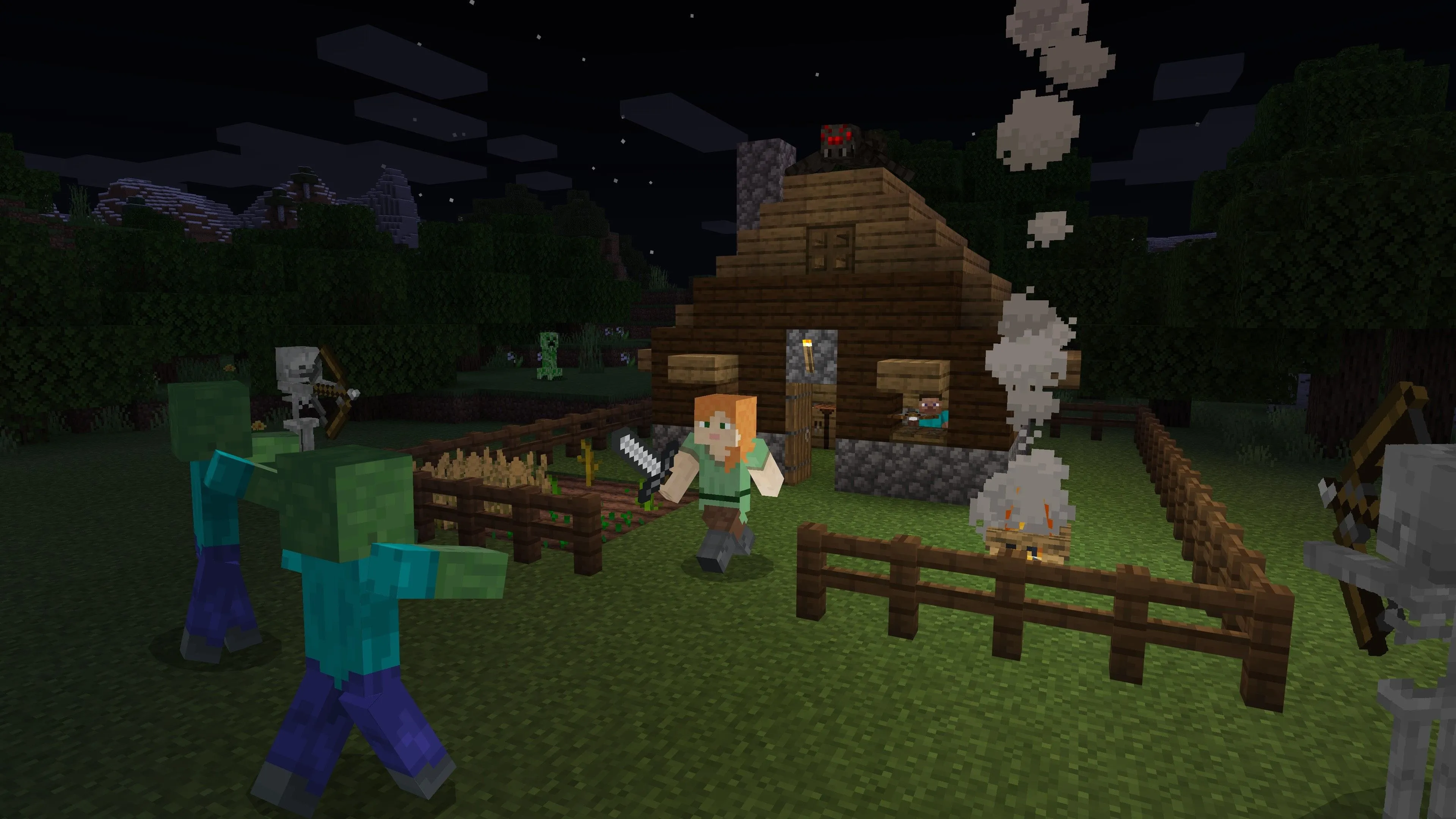 Nhân vật đang chiến đấu với quái vật trong Minecraft, thể hiện khía cạnh sinh tồn và hành động của game sandbox.