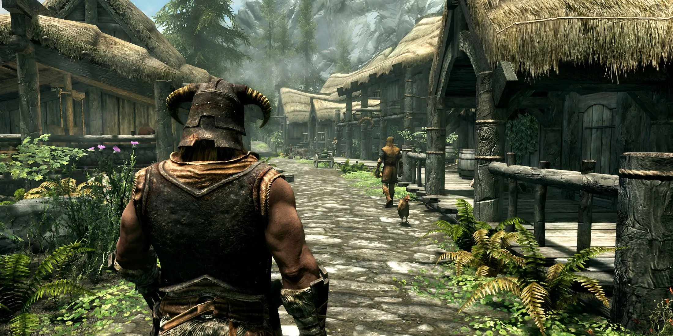 Nhân vật Dragonborn đứng trong thế giới của The Elder Scrolls V Skyrim, đại diện cho các bản mod nhiệm vụ mới