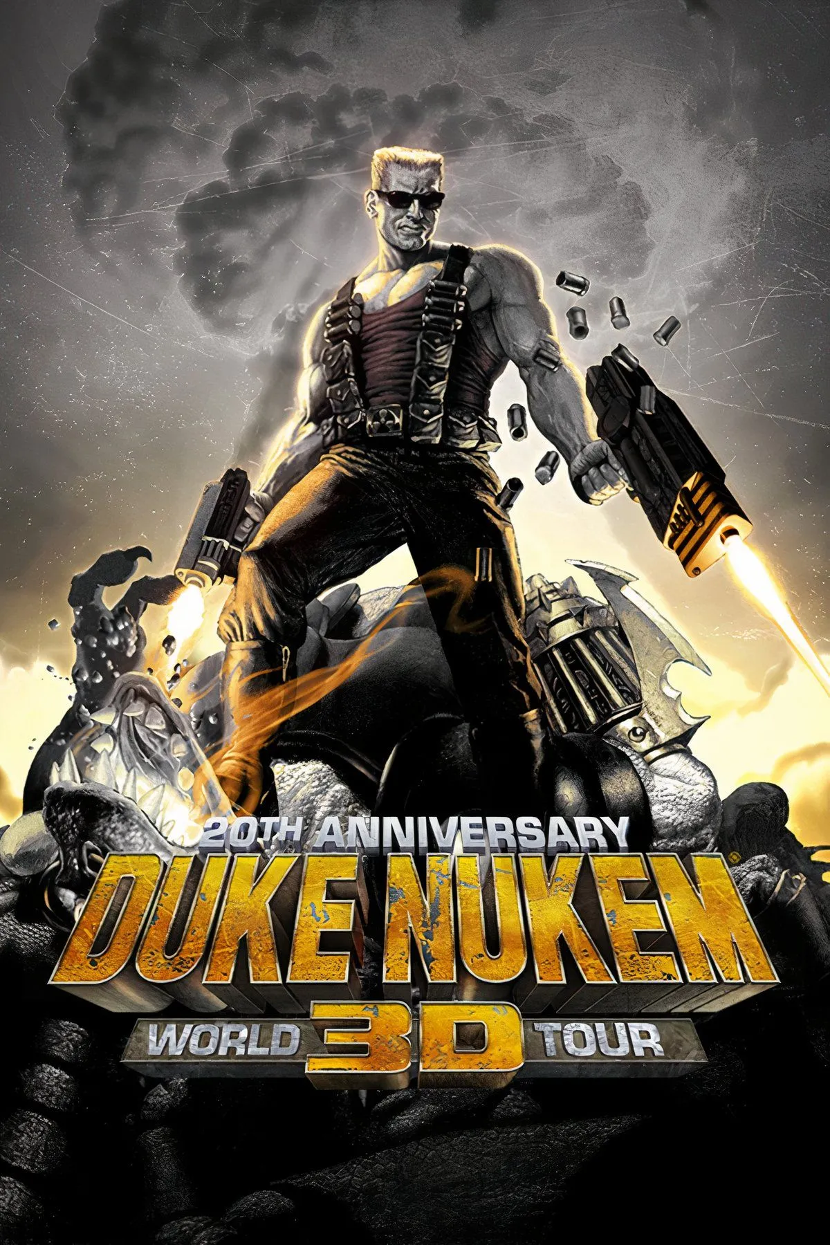Nhân vật Duke Nukem với kính râm và súng, đứng giữa một thành phố bị tàn phá bởi người ngoài hành tinh trong game Duke Nukem 3D