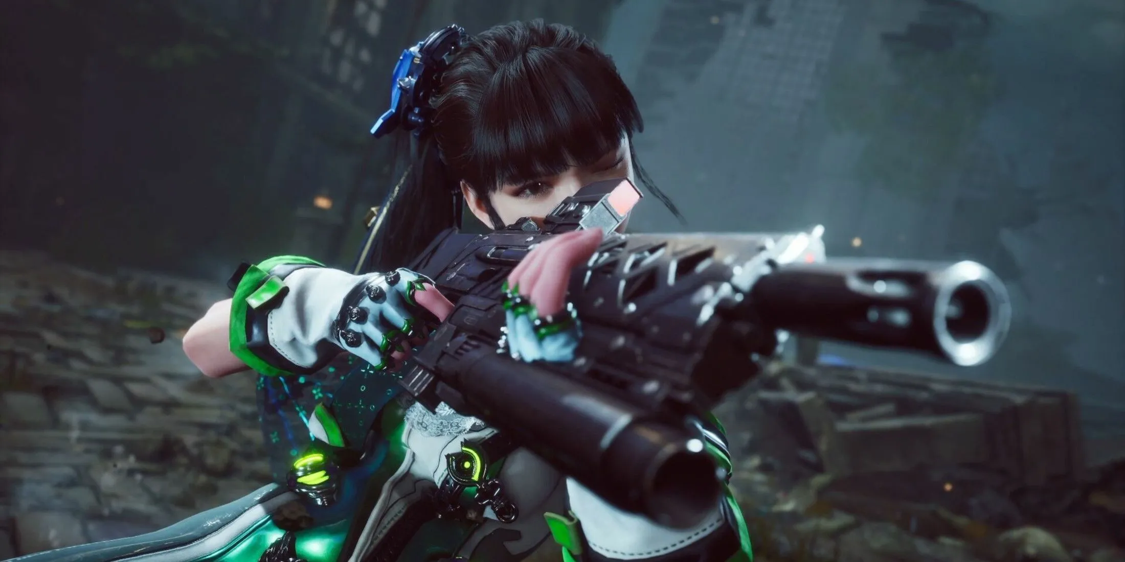 Nhân vật Eve của Stellar Blade với súng và trang phục chiến đấu