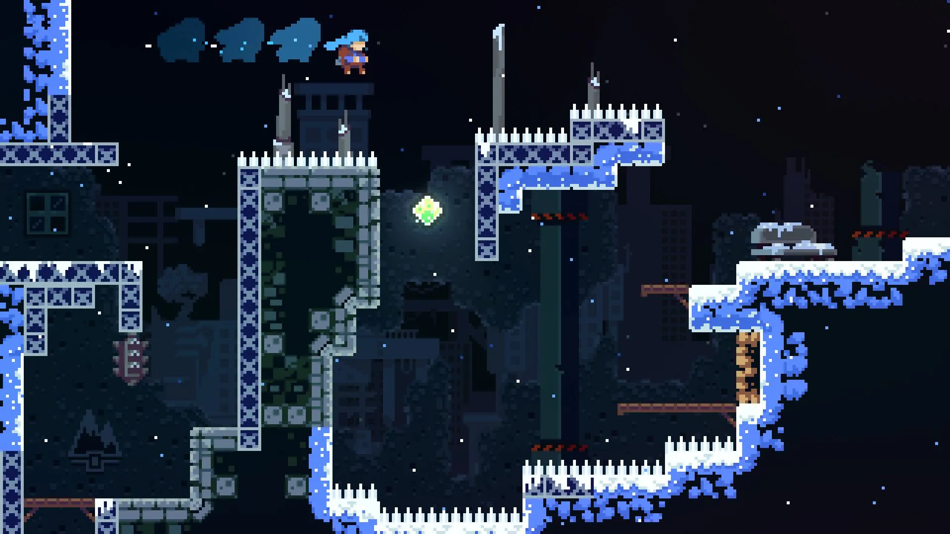 Nhân vật Madeline của game Celeste thực hiện cú lướt trên không để vượt qua chông gai trong môi trường tuyết phủ, thể hiện lối chơi platformer thử thách.