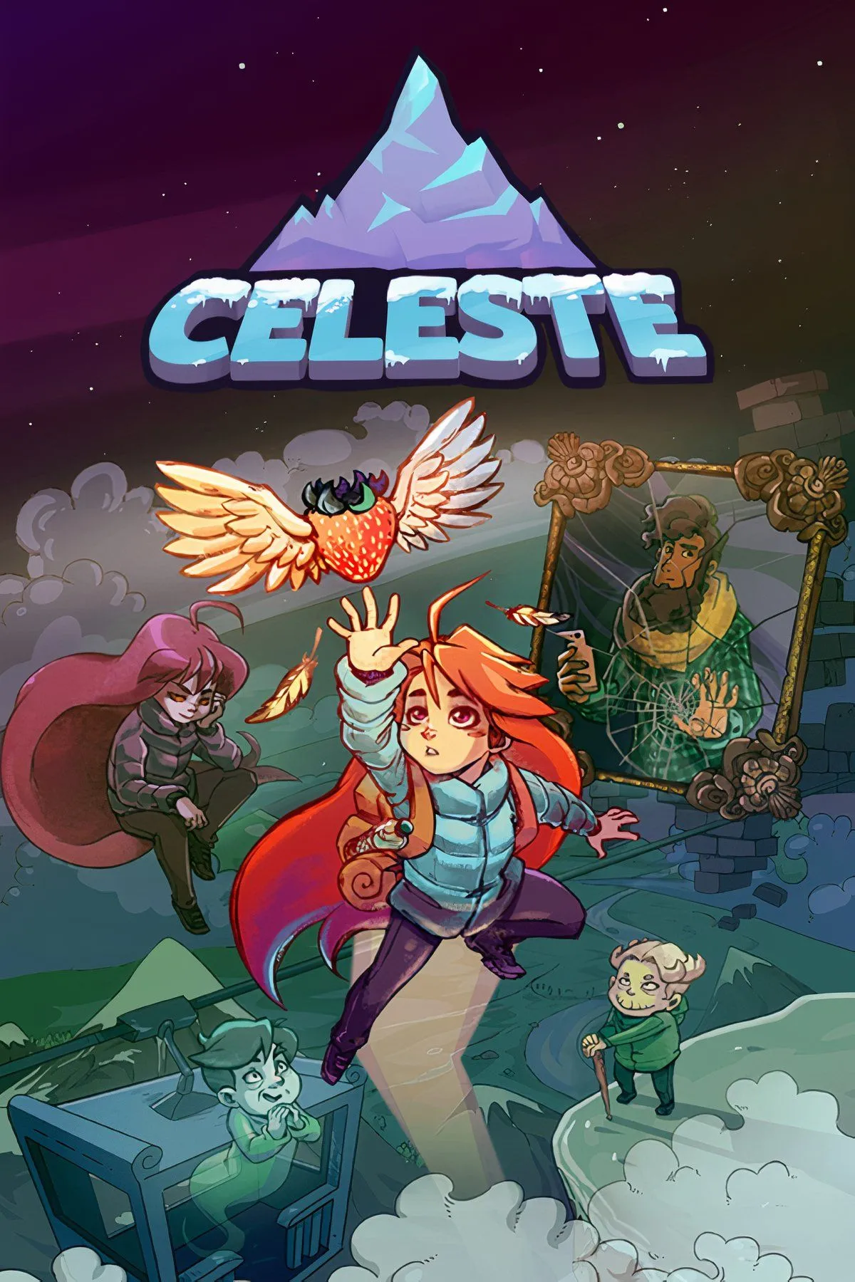 Nhân vật Madeline nhảy giữa không trung trong game platformer Celeste với phong cách đồ họa pixel art