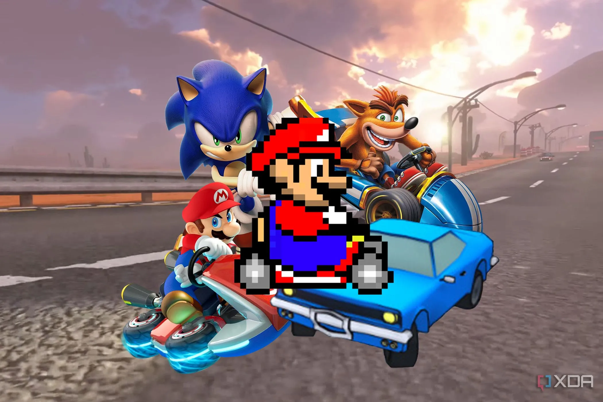 Nhân vật Mario, Sonic và Crash trên đường đua Mario Kart, minh họa cho game đua xe tương tự.