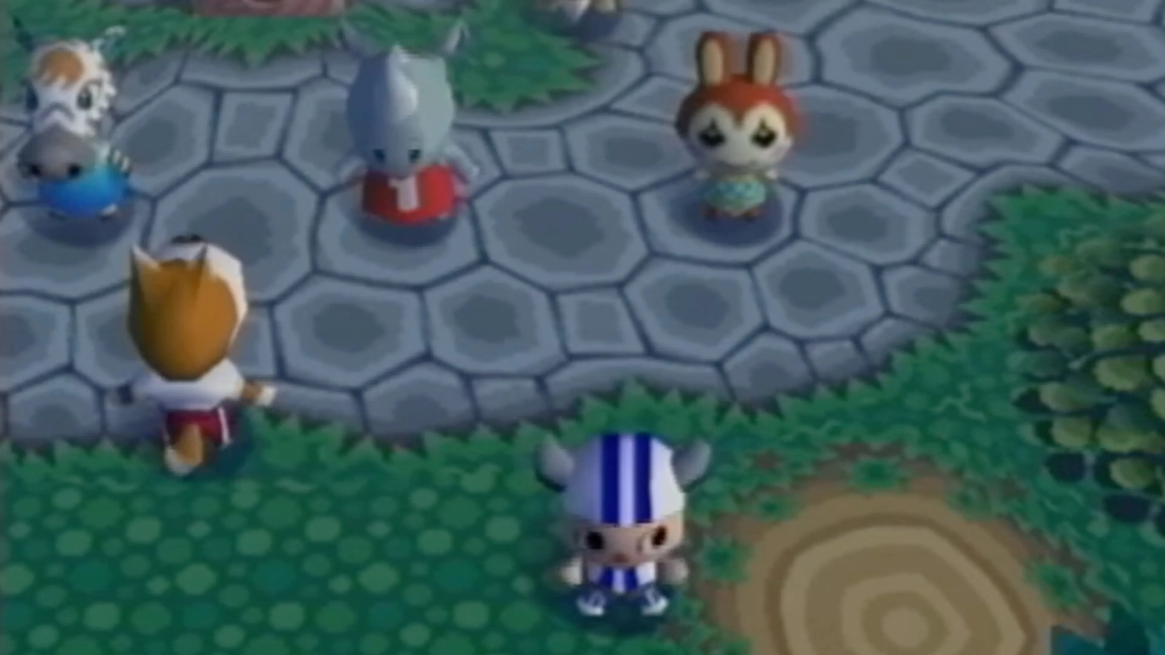 Nhân vật người chơi và các cư dân động vật trong Animal Crossing trên GameCube cùng nhau trò chuyện