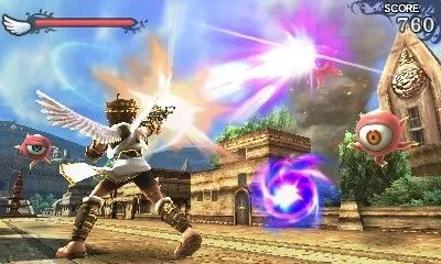 Nhân vật Pit của Kid Icarus Uprising bay lượn trên bầu trời, chuẩn bị chiến đấu với kẻ thù trong một cảnh hành động