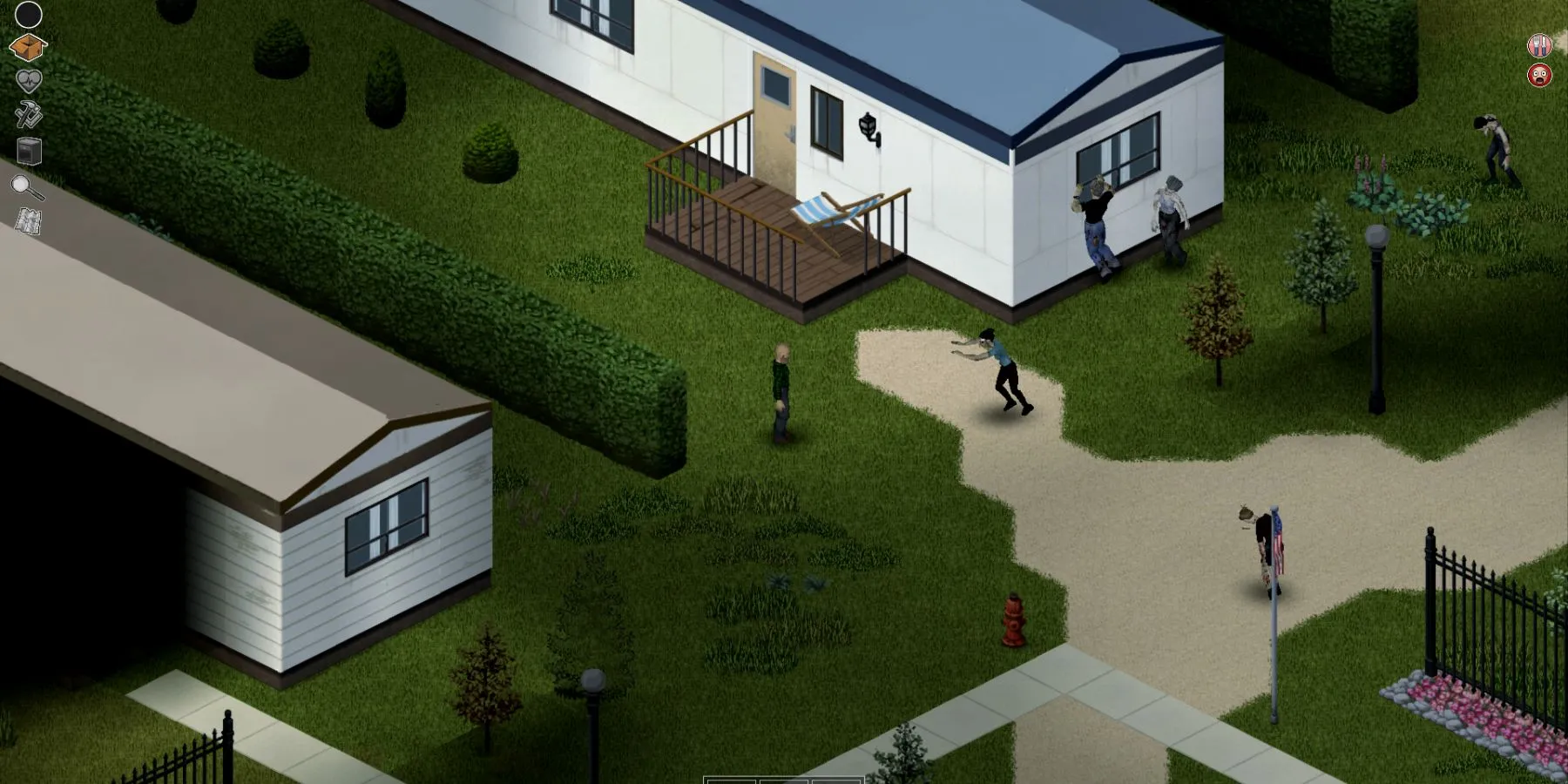 Nhân vật Project Zomboid đang tìm kiếm đồ trong công viên xe kéo bị zombie vây quanh
