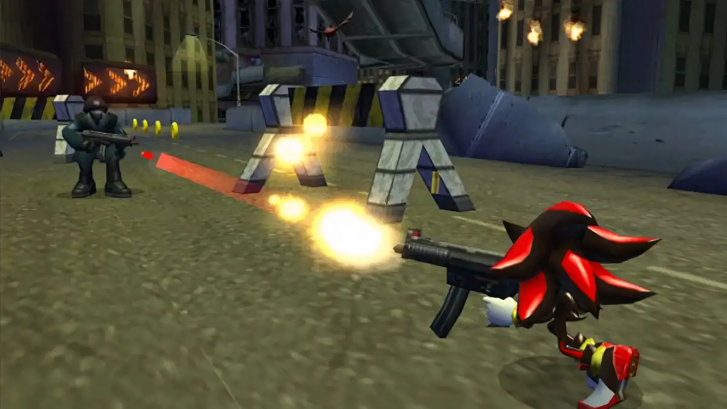 Nhân vật Shadow the Hedgehog cầm súng trong một cảnh hành động đậm chất grunge của game Shadow the Hedgehog.