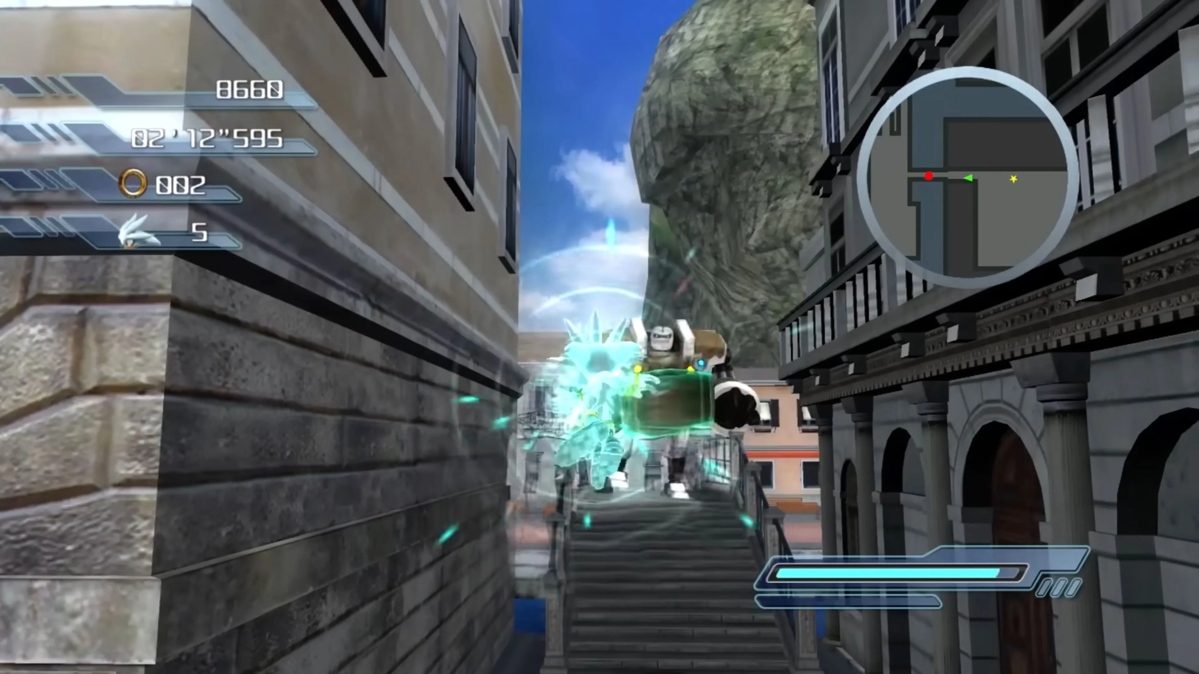 Nhân vật Silver bay lượn trên một thành phố đổ nát trong cảnh gameplay của Sonic the Hedgehog (2006).