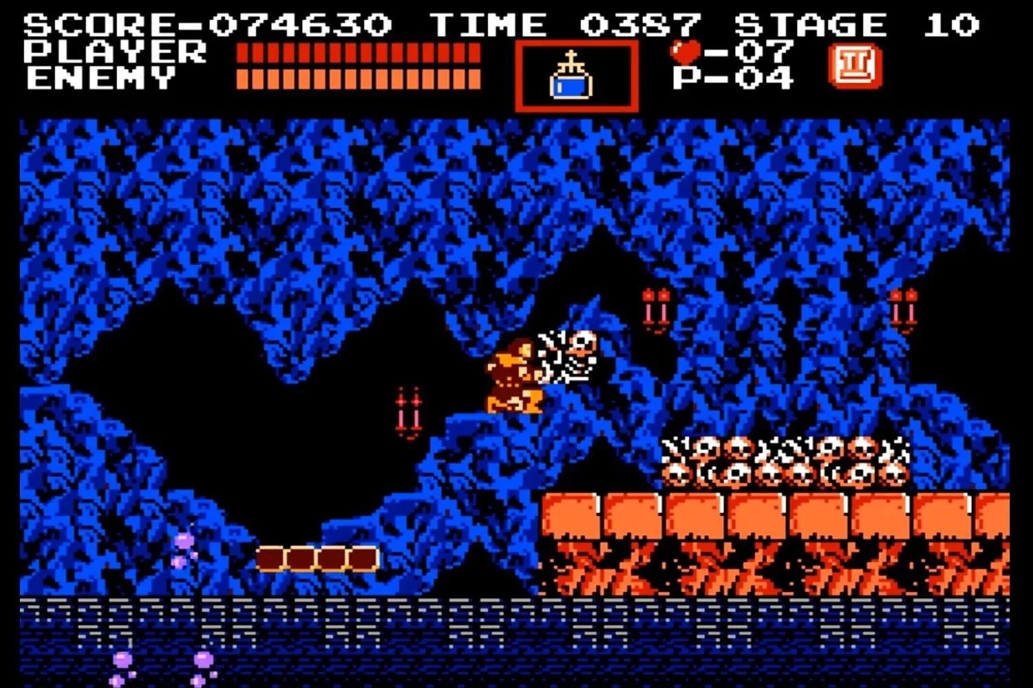 Nhân vật Simon Belmont đang chiến đấu trong một màn chơi của Castlevania phiên bản NES, một trong những tựa game kinh điển có độ khó cao.