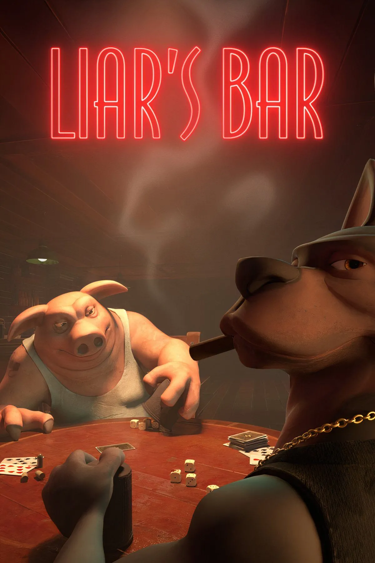 Nhân vật trong Liar's Bar đang chơi bài tại một quán bar đèn mờ