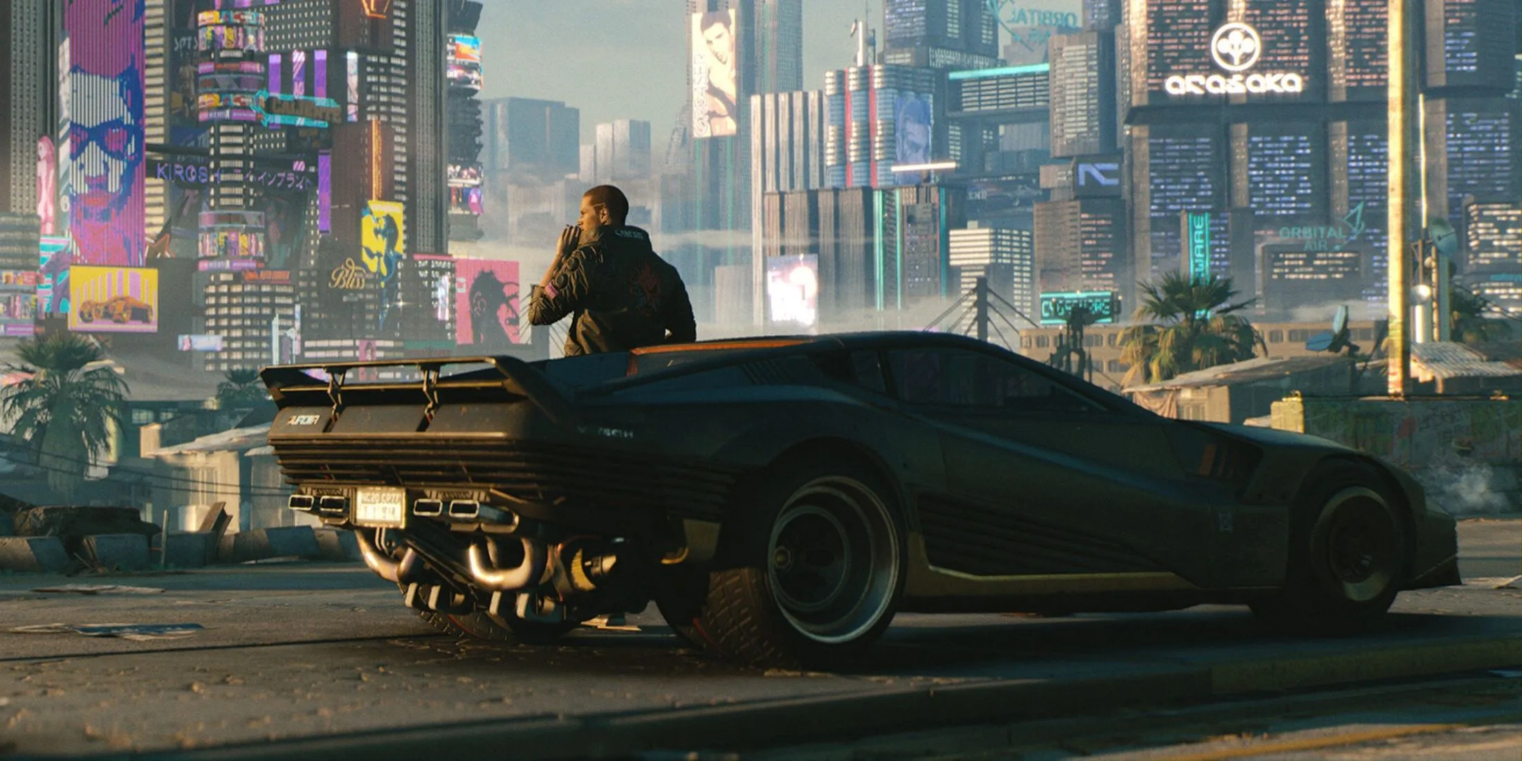 Nhân vật V đang nhìn ngắm quang cảnh Night City từ trên cao, thể hiện quy mô của thế giới mở Cyberpunk 2077.