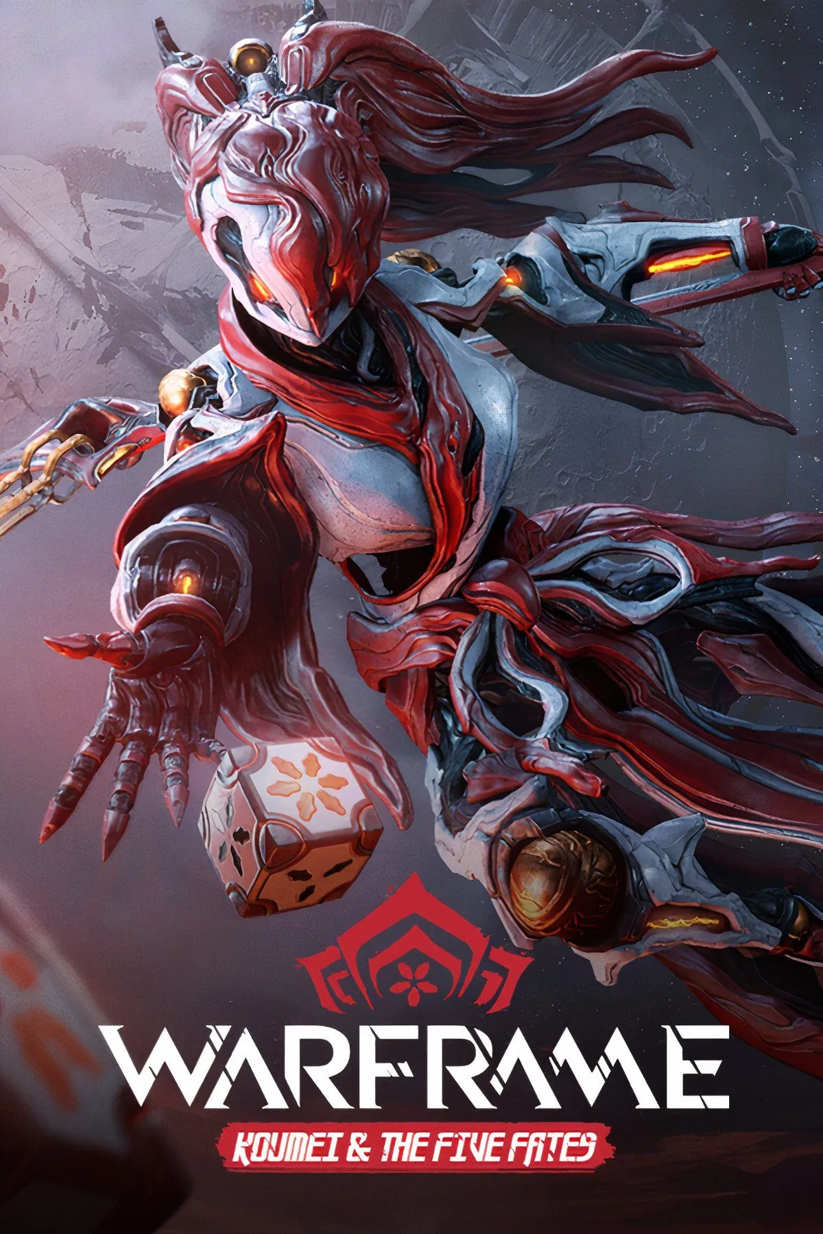 Nhân vật Warframe (ninja không gian) đang chiến đấu trong môi trường khoa học viễn tưởng.